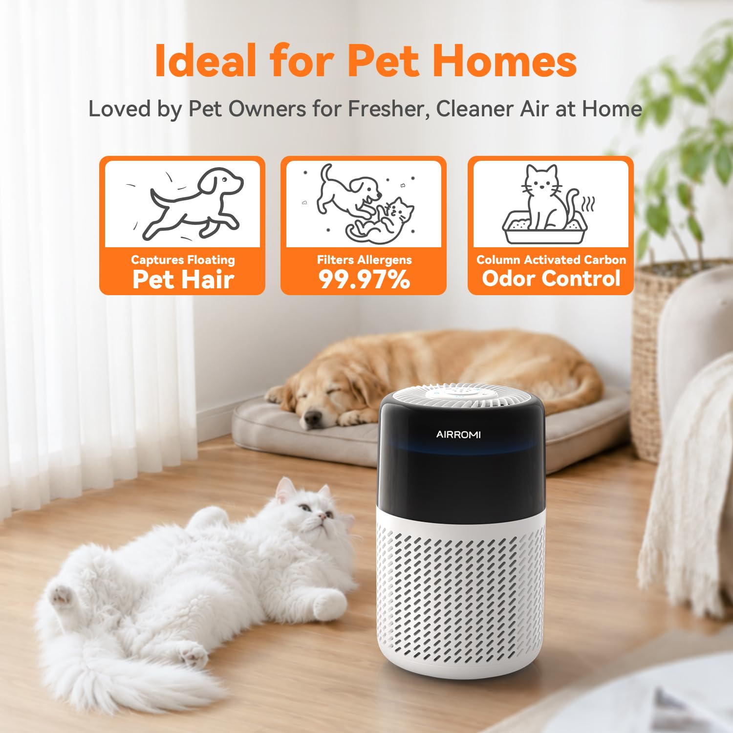 AIRROMI Purificador de aire para dormitorio y casa, filtro HEPA, cubre hasta 150 m², filtro de humo, caspa de animales, alergias, polvo, A2005 Blanco