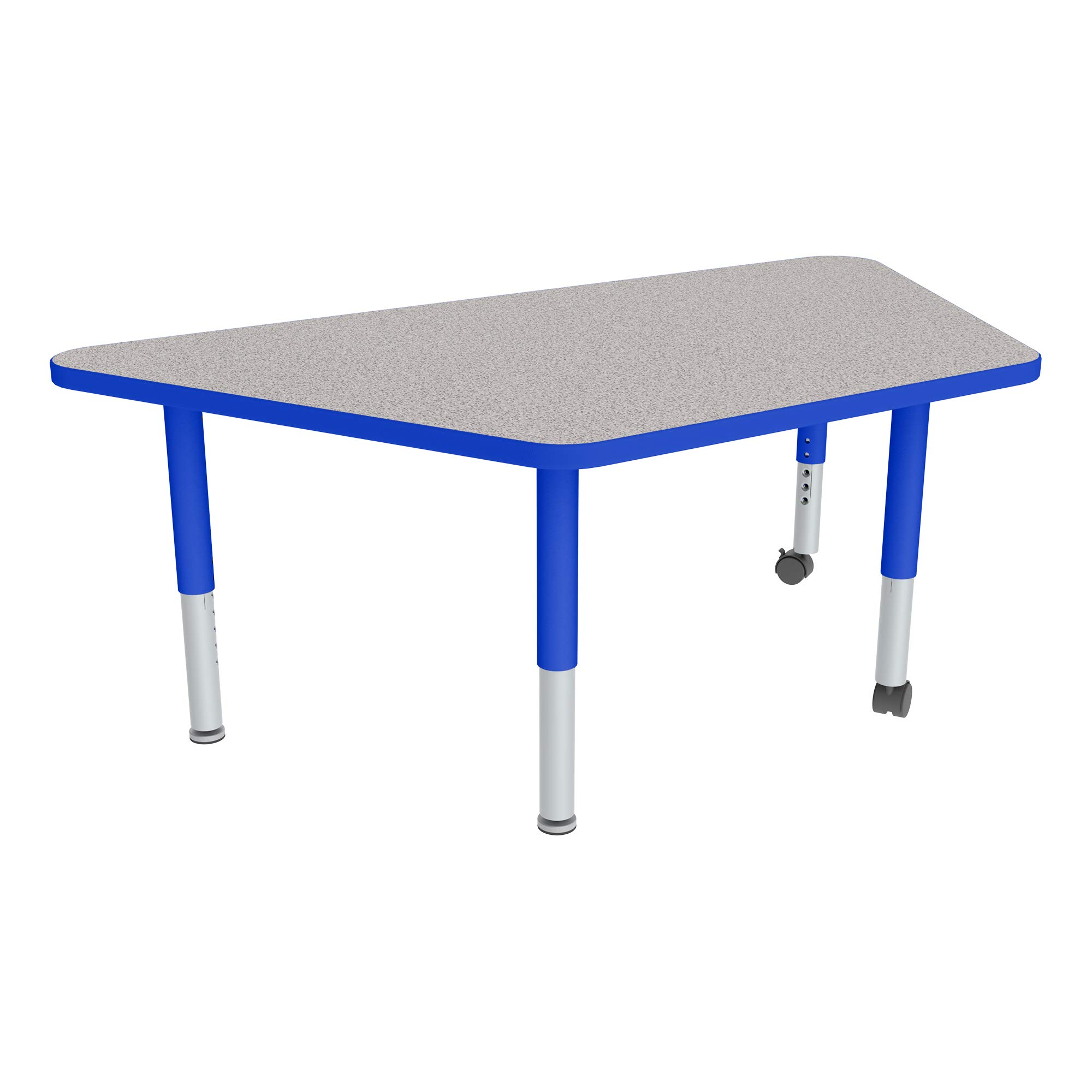 SprogsAdjustable Height Mobile Classroom Activity Table for Preschools, Trapezoid Preschool Activity Table with Casters, 30" L x 60" W x 23" H, Gray/Blue