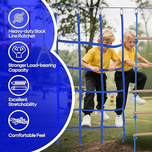Miniatura 5 de Carrera de obstáculos Ninja Warrior de 2 x 55 pies para niños con 13 accesorios de carrera de obstáculos columpios, barras de mono, entrenadores de