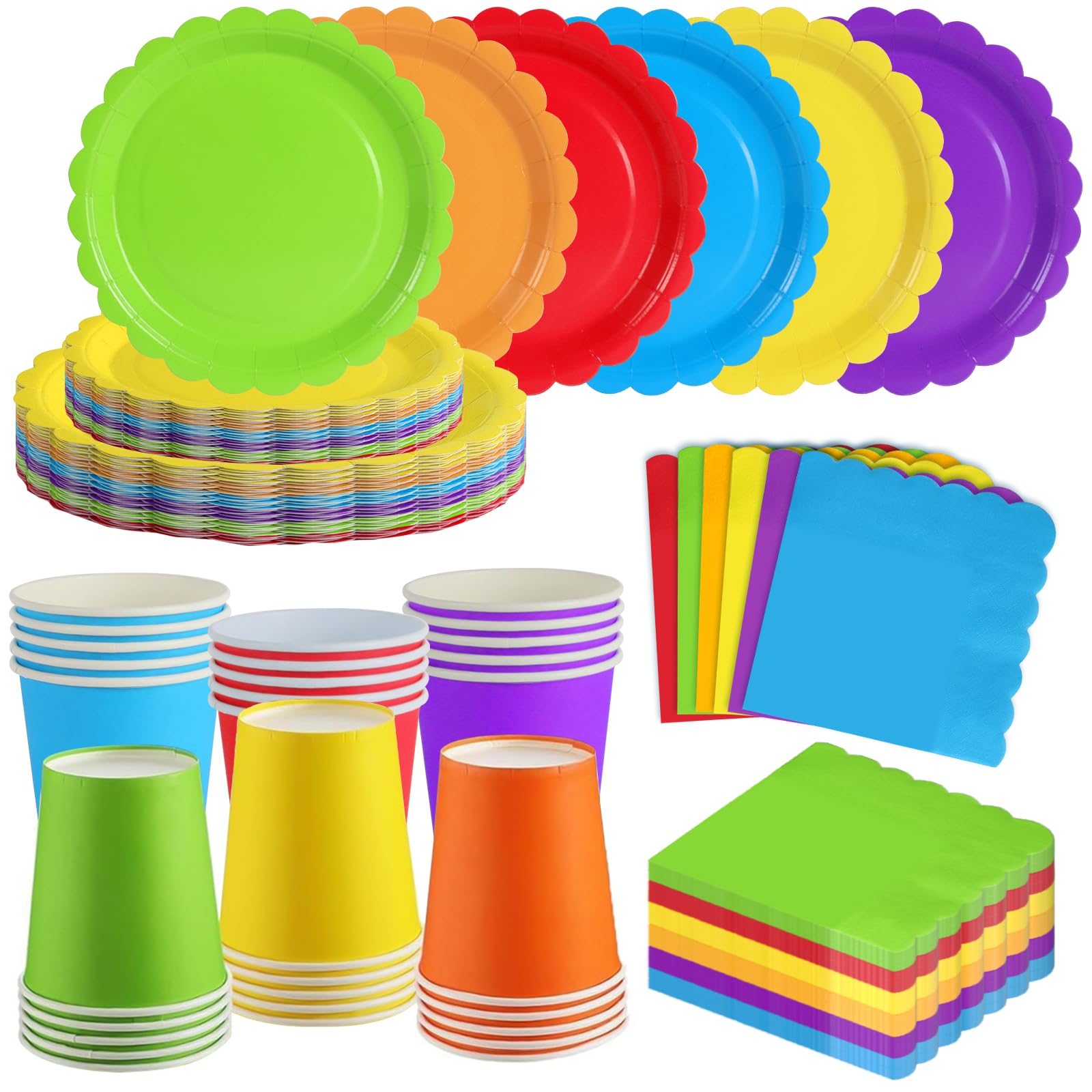 ZblPyro Colorful Rainbow Party Tableware Set for 30 Guests | 120pcs Complete Set with 9" & 7" Scalloped Edge Plates, Cups & Napkins | Ideal for Kids Party Buffet, Catering, Nursery