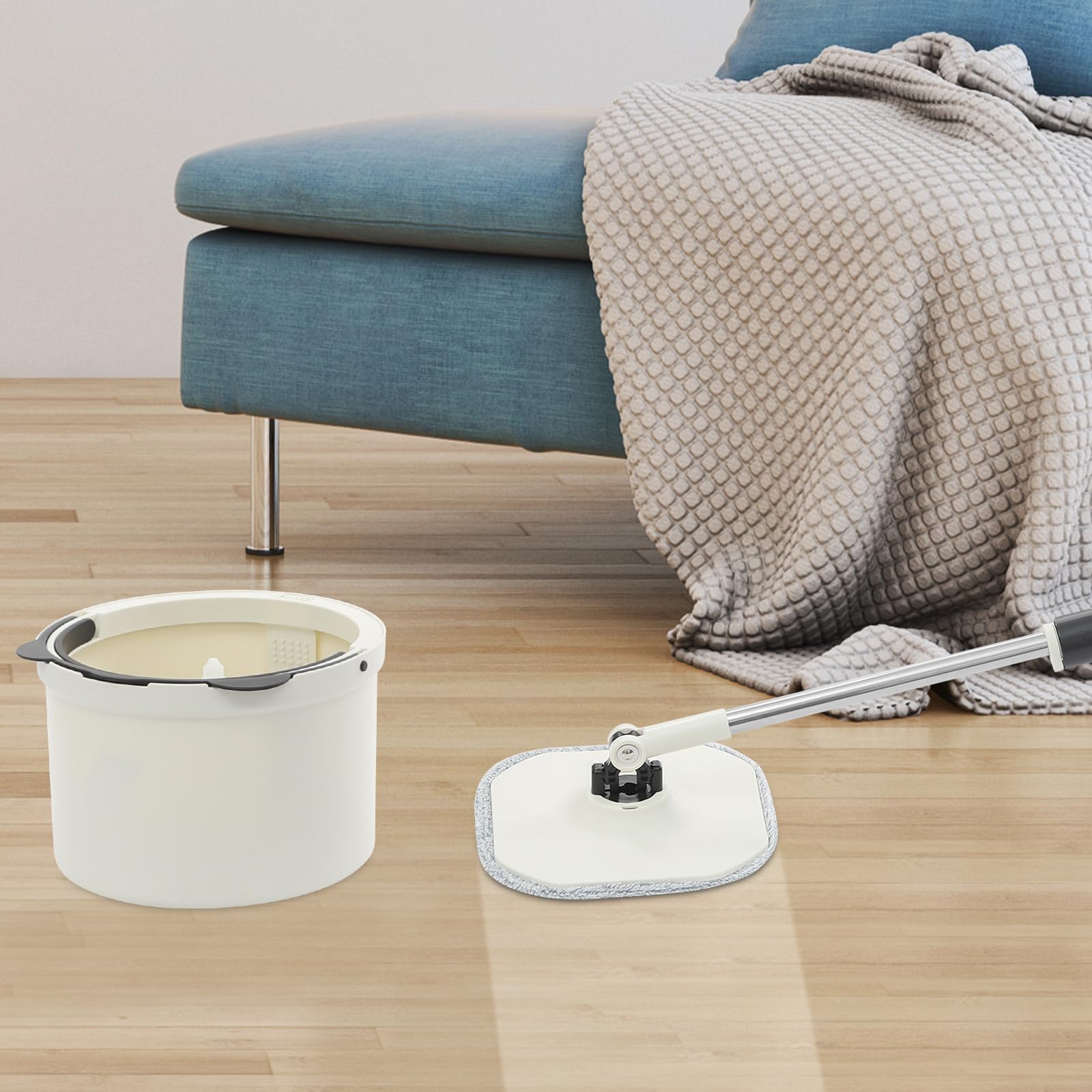 Juego de fregona y cubo – Fregona giratoria 360° con mango ajustable, separación de aguas residuales, 5 paños reutilizables para todo tipo de suelos
