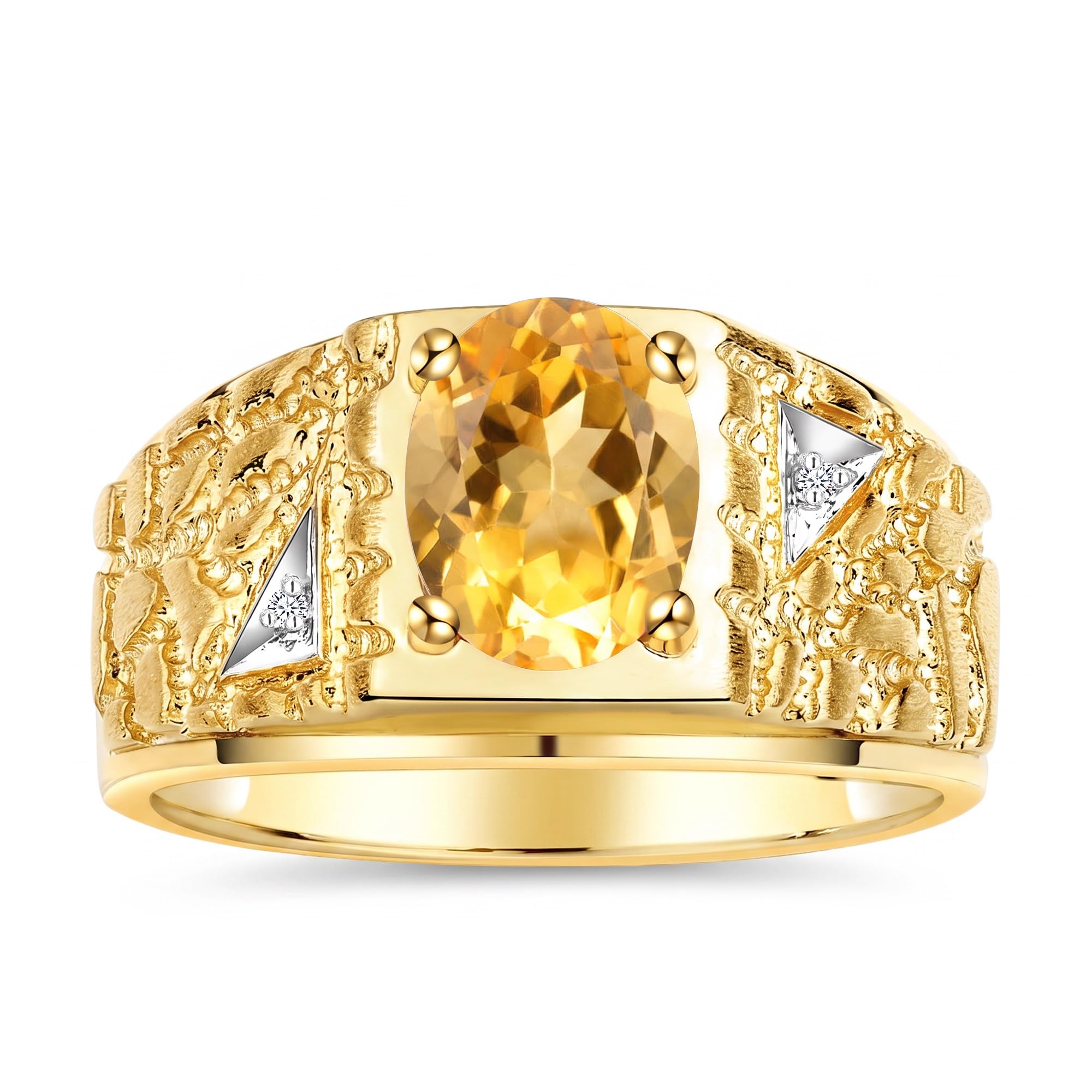 Rylos Men's Rings Designer Nugget Ring: Oval 9X7MM Gemstone &amp; Sparkling Diamonds - Color Stone Birthstone Rings for Men, Yellow Gold Plated Silver Rings in Sizes 8-13. Mens Jewelry