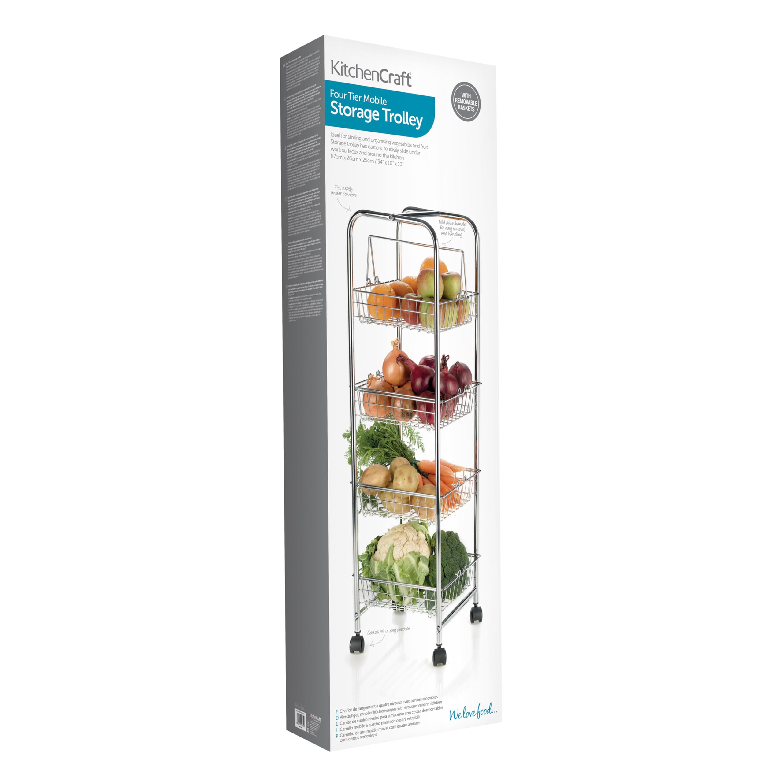 KitchenCraft Küchenwagen auf Rollen, mit 4 abnehmbaren Ablagekörben, verchromtes Metall, für Gemüse und andere Lebensmittel, 87 cm x 26 cm x 25 cm