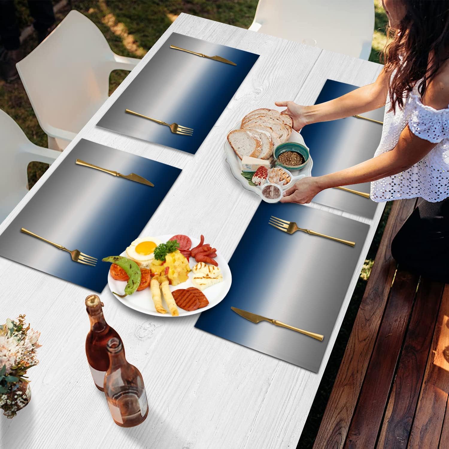 Blue Placemats Set of 6 Ombre Table Mats for Dining Table Blue and Grey Ombre Table Mats Gradient Gradual Color Table Decoration Holiday Banquet Kitchen Dining Non Slip Washable Placemat 13x19 Inch