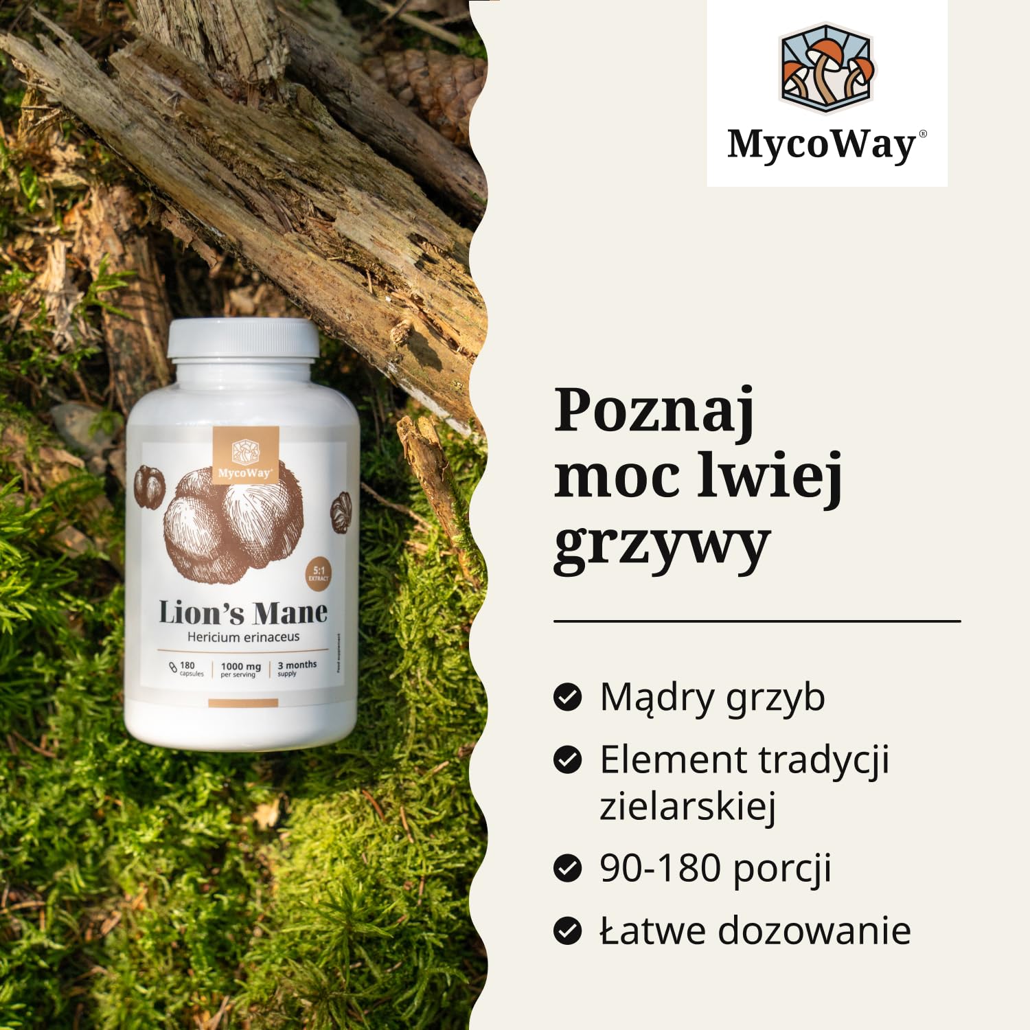 Soplówka jeżowata 1000 mg – Wyciąg 5:1 – Hericium Erinaceus – 180 kapsułek – Zapas na 3–6 miesięcy – Mądry grzyb – Pomaga w poprawie koncentracji i zdolności poznawczych – Witalność