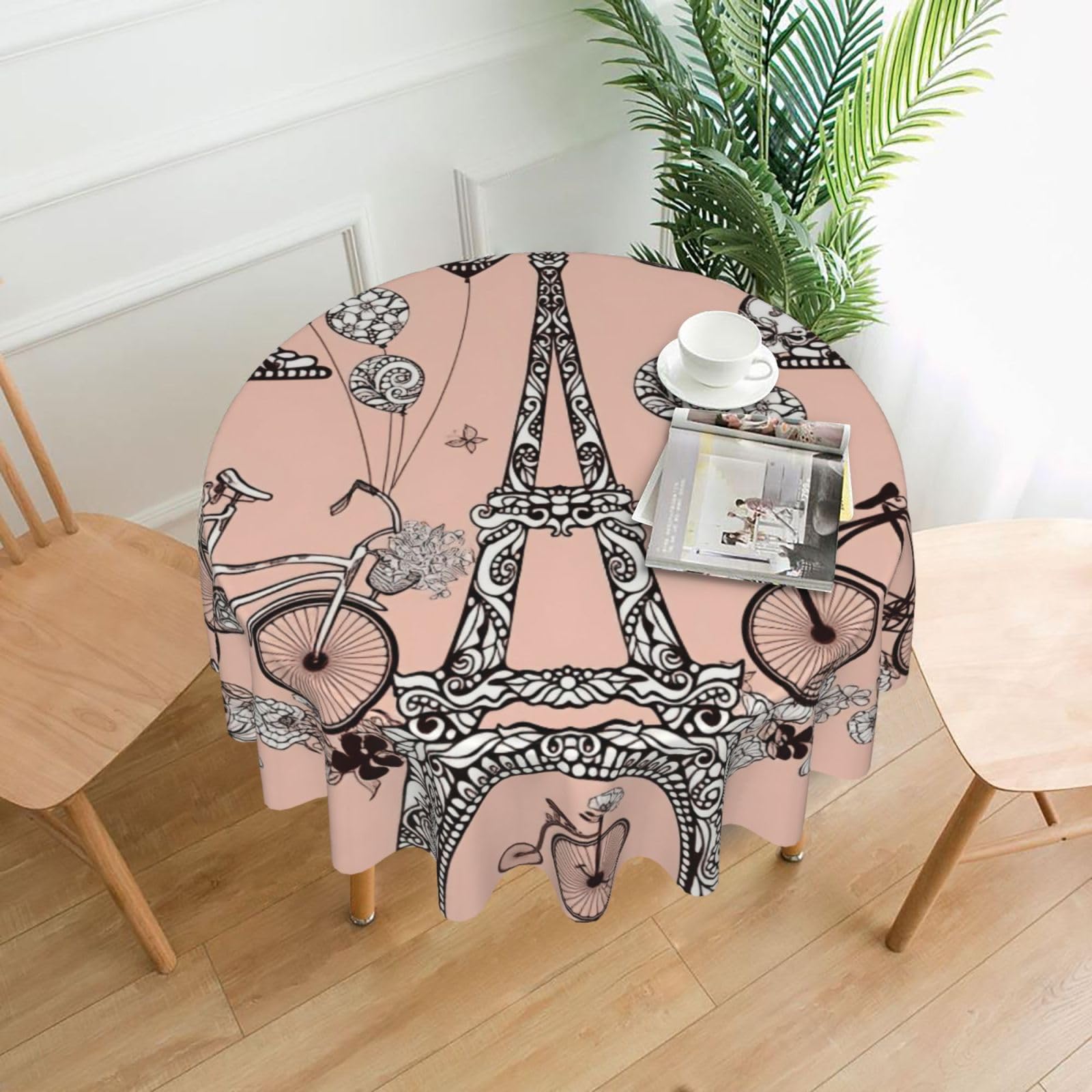 SDEGTHO Bicycle Coffee Balloon Print Modern Retro Round Tablecloth 60in Polyester Fabric Cover for Party Dining Table Washable