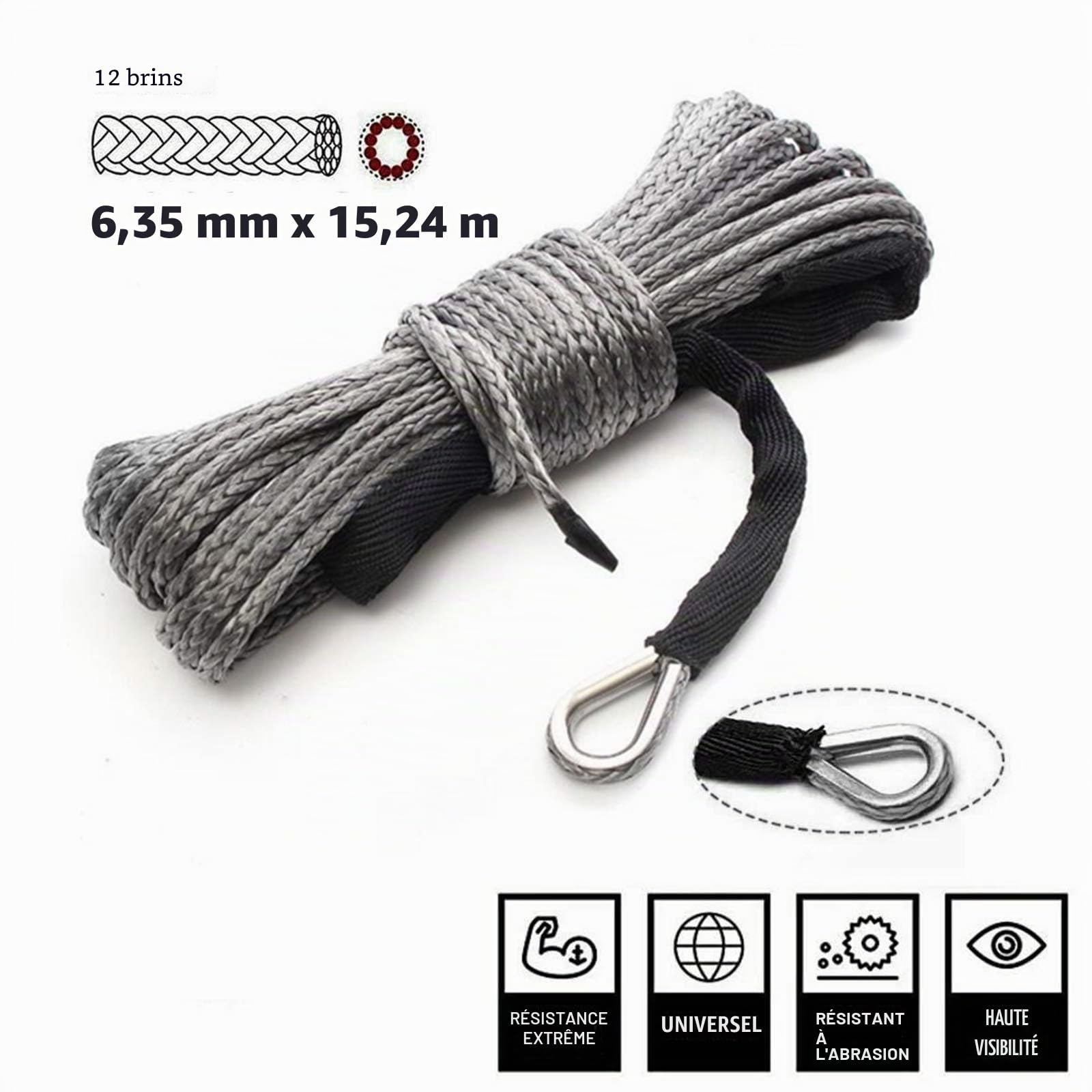 Corde synthétique de 6 mm x 15 m avec gaine universelle pour ATV UTV Offroad Camion Résistance à la rupture
