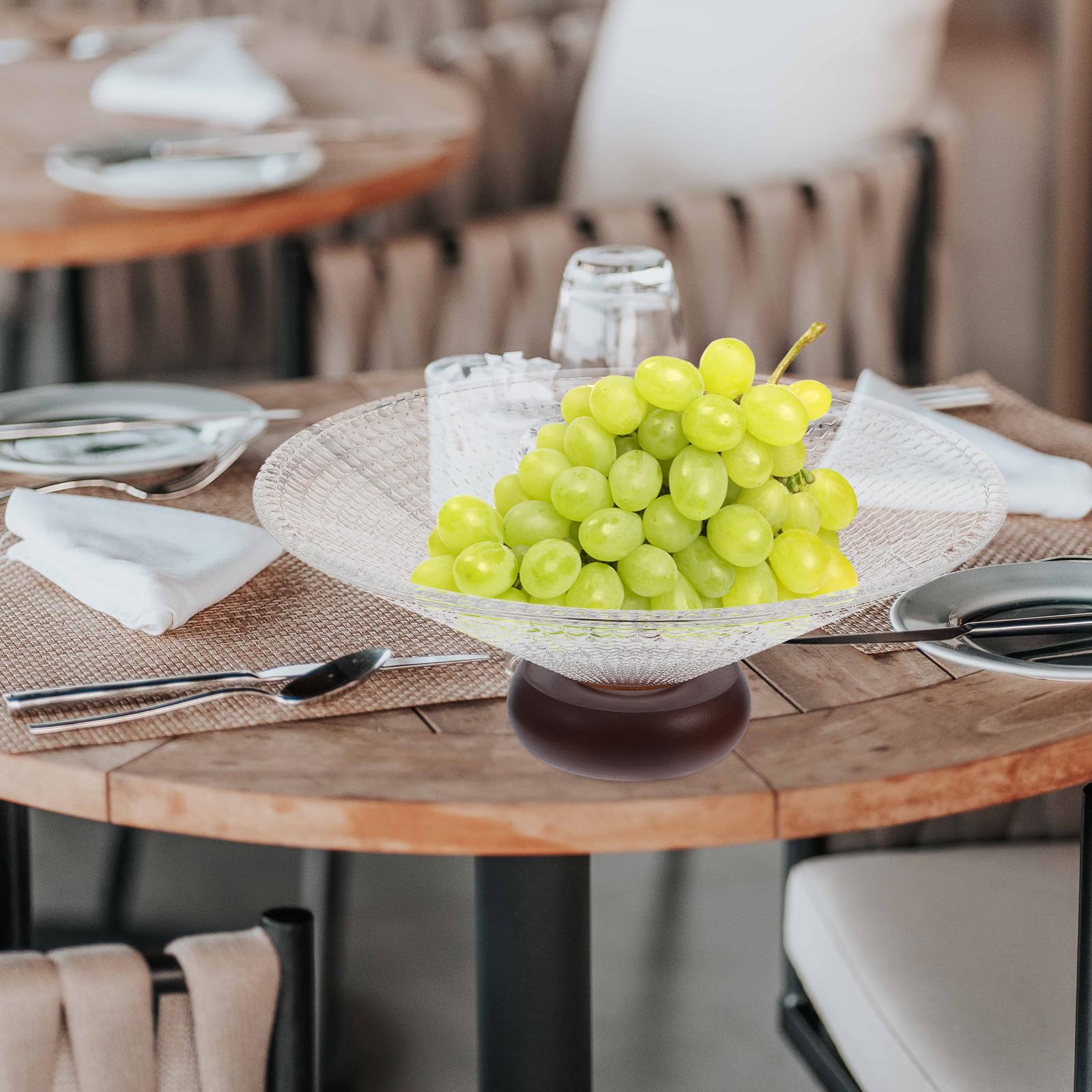 Tazón de Vidrio Grande con Base de Madera de Caucho, Cuenco para Servir Frutas con Alta Fiabilidad y Diseño Delicado para Casa y Recepción