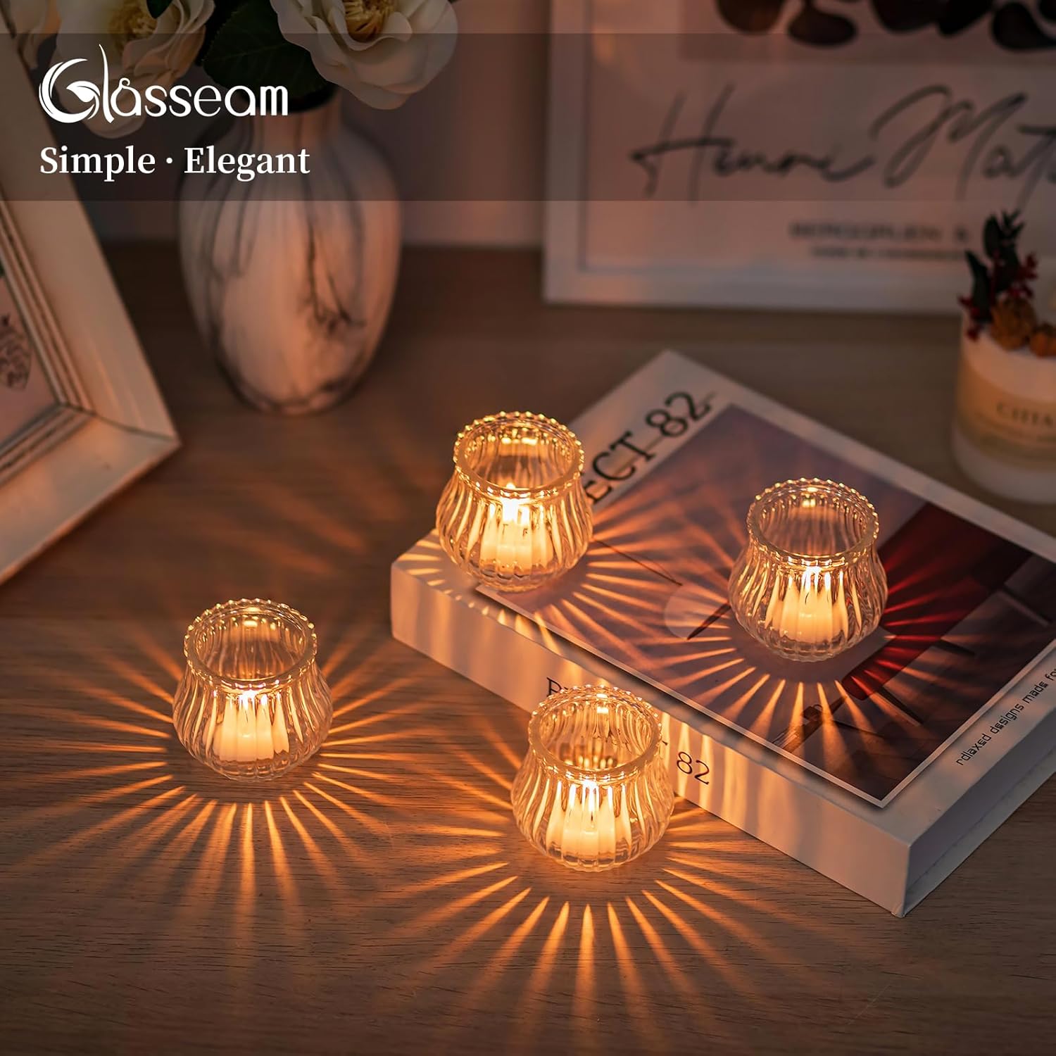Glasseam Glass Tealight Candle Holder: 12 Pcs Ribbed Clear Votive Candle Holders Bulk for Wedding Centerpiece Christmas Table Decorations Party - Image 6