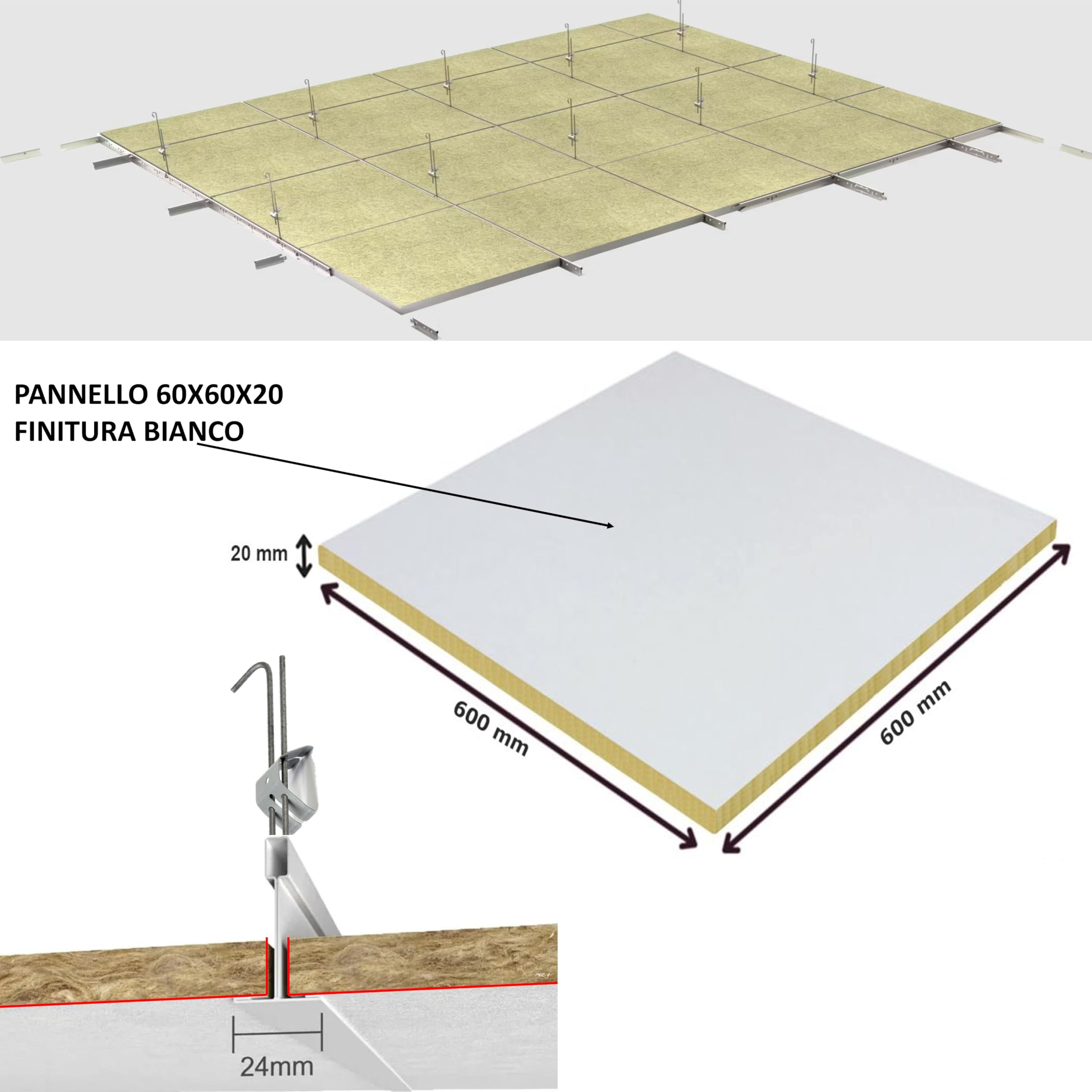 Futurazeta® -Controsoffitto Modulare Pannelli 60x60 cm a Vista, Fonoassorbenti 20 mm, Confezione di 24 Pannelli Copertura 8,64 mq per Uffici, Negozi e Locali