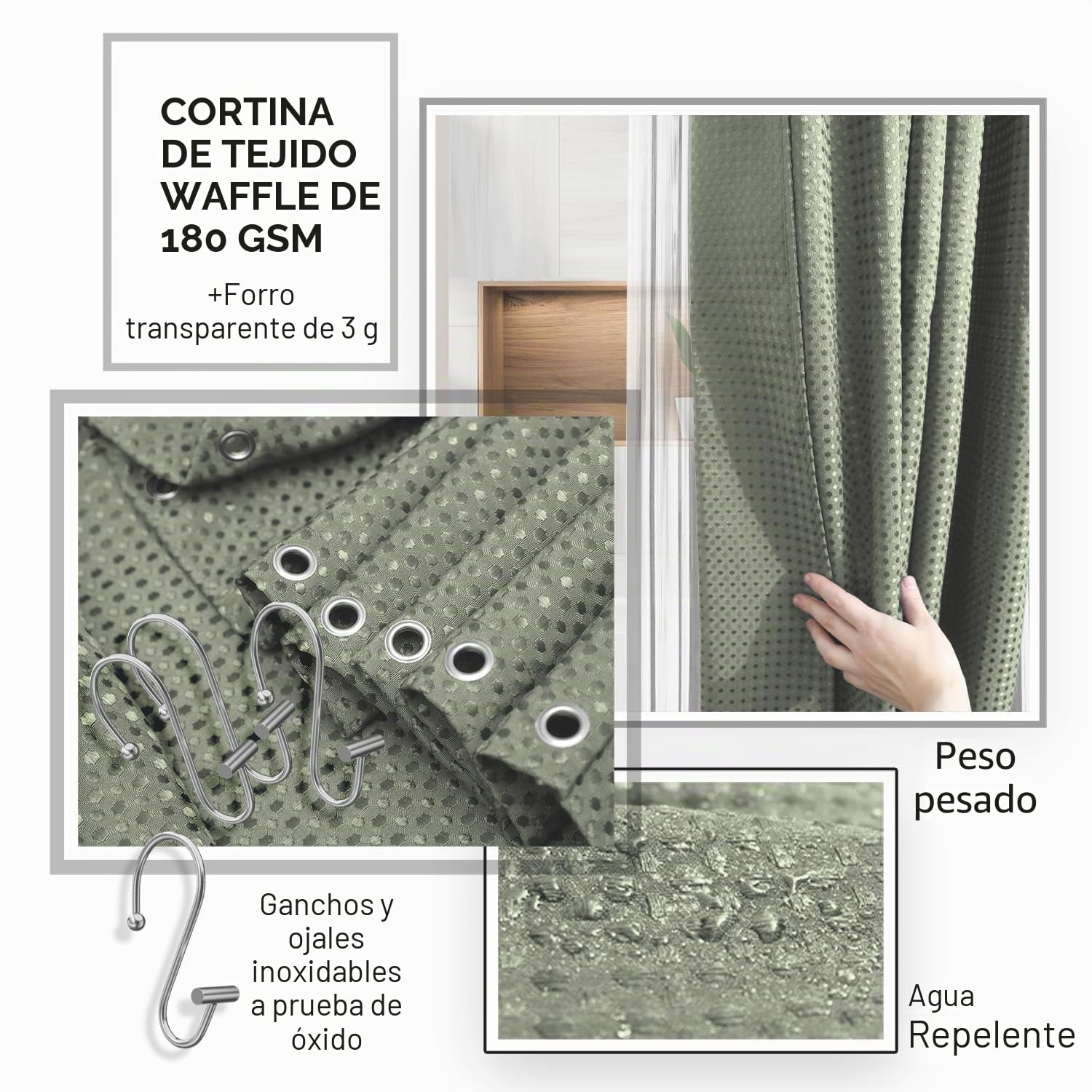Clara Clark Juego de 20 Accesorios de baño Verde Salvia, Juego de Cortina de Ducha, Cepillo de Inodoro, Cubo de Basura y dispensador de jabón