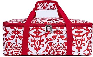 Insulated Casserole Baking Dish Carrier Portable Lunch Tote Bag Fits Up to 9"x13" Pan for Transport to Keep Food Hot/Cold for Gathering/Potluck Parties/Cookouts/Camping/Picnics/Offices-Red/white