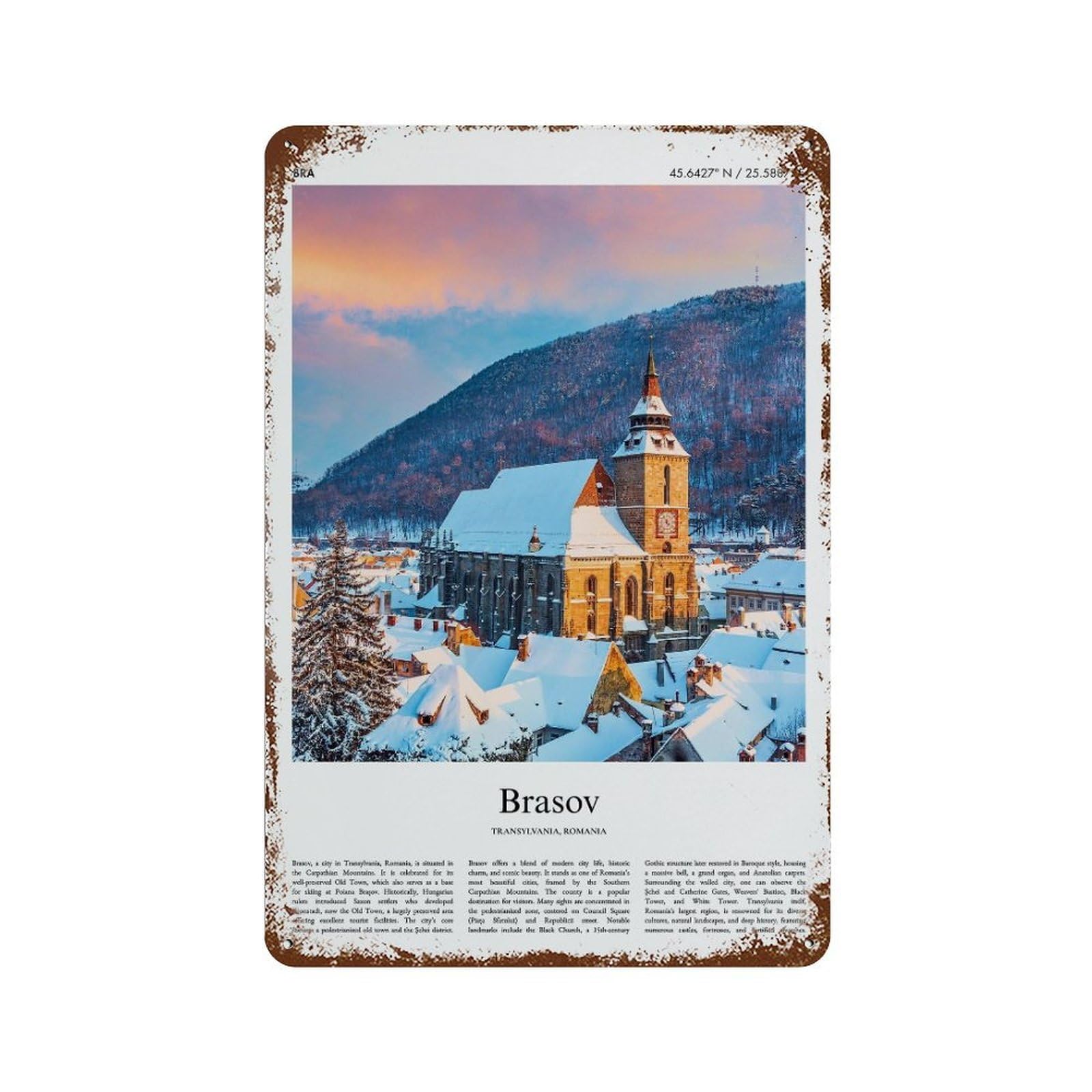 xiaoxiaoshen Brasov Transylvania, Romania City Scenery Wall Decor Art Metal Tin Poster Modern Home Decor Art Home Bar Shop Decorations Vintage Sign 30x20cm