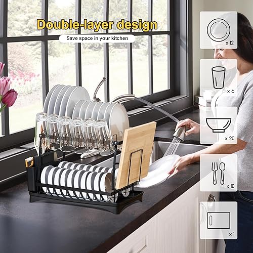 Miniatura 2 de Escurridor de platos con juego de escurridor, escurridor plegable para el hogar con tabla de drenaje y soporte para cubiertos para encimera de