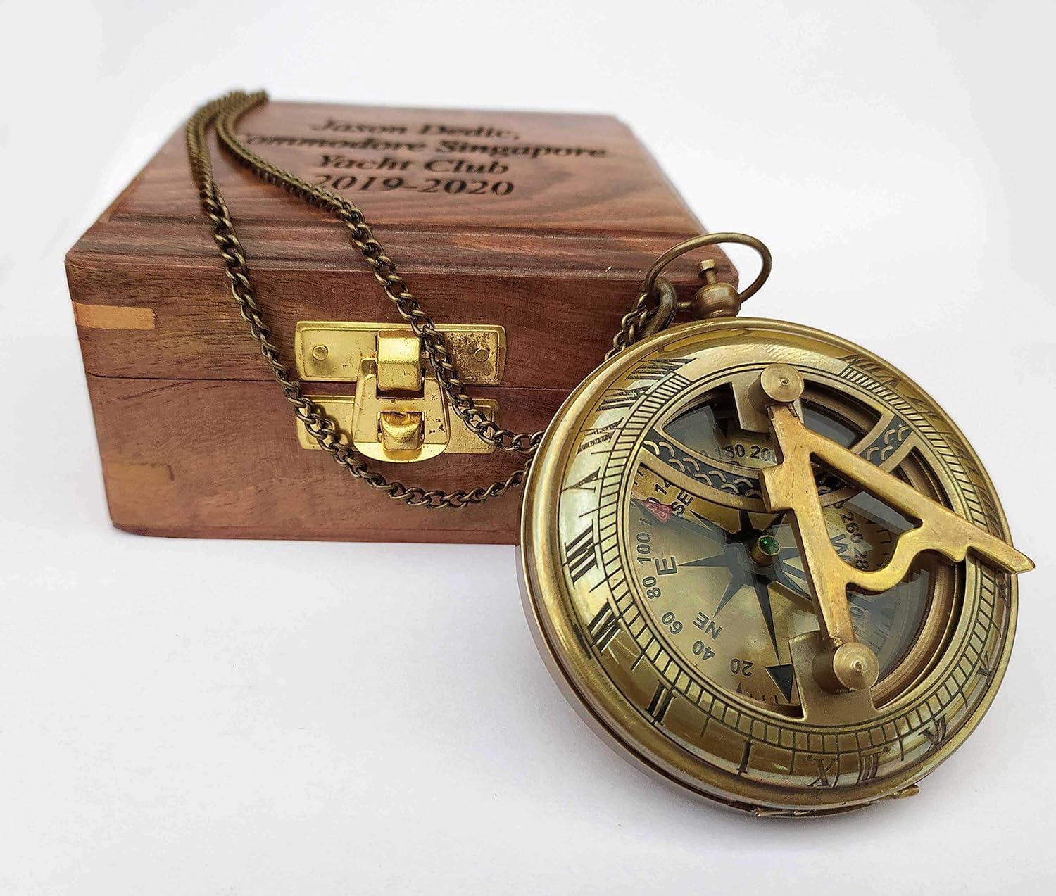 Perssonalized Custom Push Button Sundial Compass with Wooden Box – Personalized Engraving on Compass and/or Box – Unique Gift for Travel, Hiking, Camping, Wedding, Baptism & Special Occasions