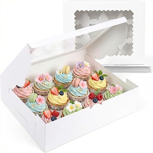 Miniatura 13 de VGOODALL 12 cajas para cupcakes, 6 soportes para cupcakes de Halloween con ventana, cajas de pastelería negras para cumpleaños, vacaciones