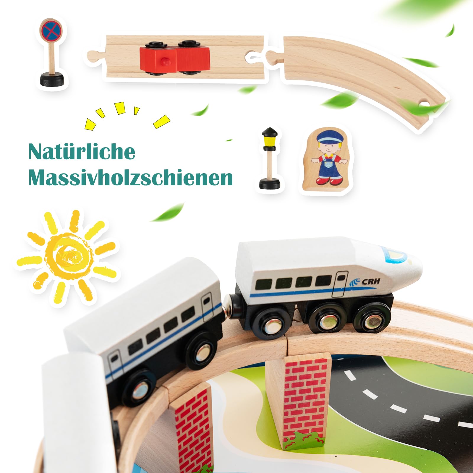 DREAMADE Spieltisch aus Holz, 80-teiliges Eisenbahn-Set, Holzeisenbahn mit Schienen, umkehrbarer und Abnehmbarer Tischplatte, Spielzeug für Kinder ab 3 Jahre (80-teilig)