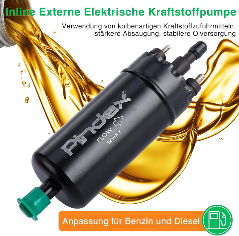 Pindex Elektromos Üzemanyag Szivattyú 12V - Univerzális Benzin és Dízel Adagoló Pumpa, Külső Szerelésű, 0580464070 Kompatibilis, Fekete