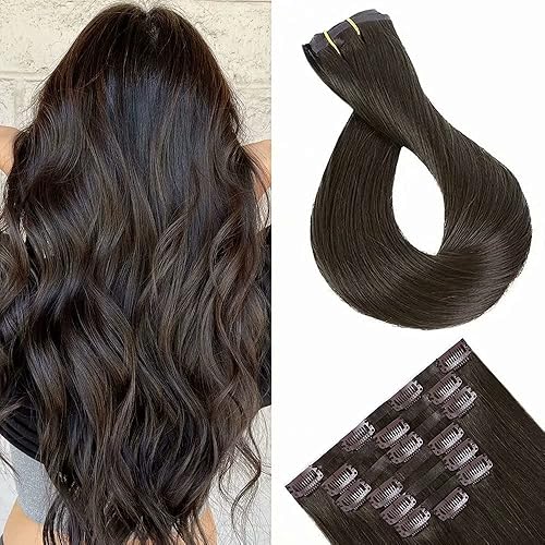 Maxfull Seamless Clip In Remy Hair Extensions Darkest Brown with Water-Droplet Clips, Ultra-Invisible Clip On Hair Extensions, 7pcs, 14inch, 110g