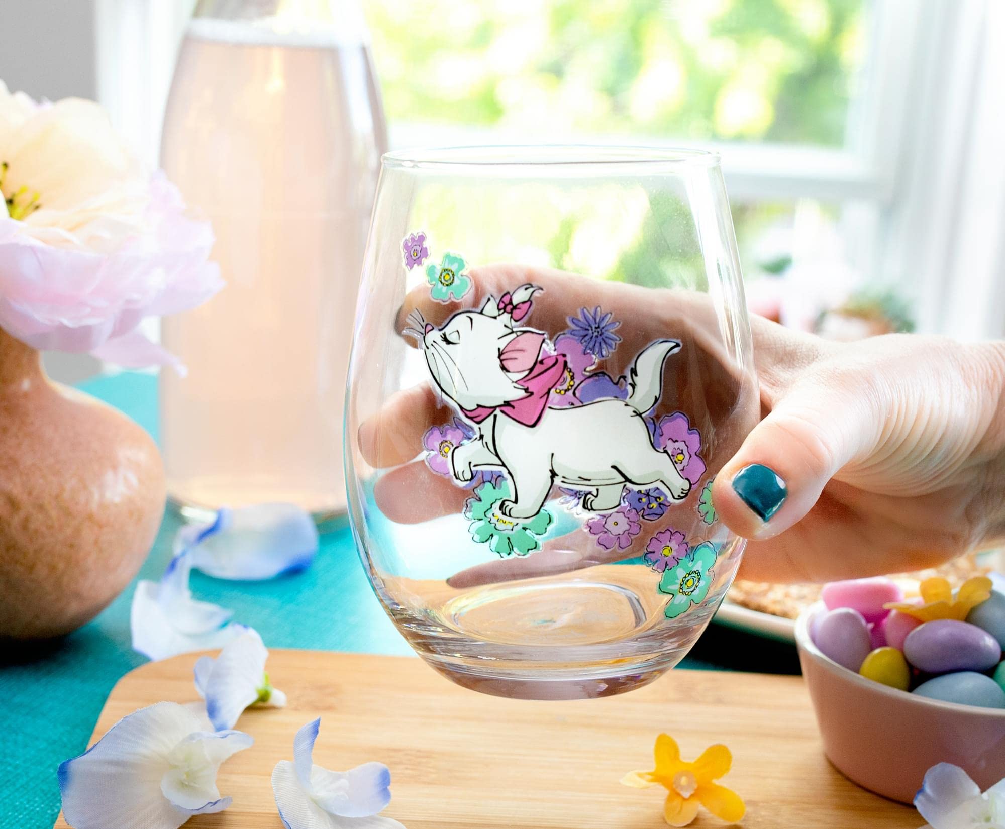 Disney The Aristocats Marie Walking Copa de vino sin tallo, vaso para mimosas, cócteles, utensilios de bar para el hogar para licor, decoración de cocina, bonitos regalos y coleccionables Kawaii
