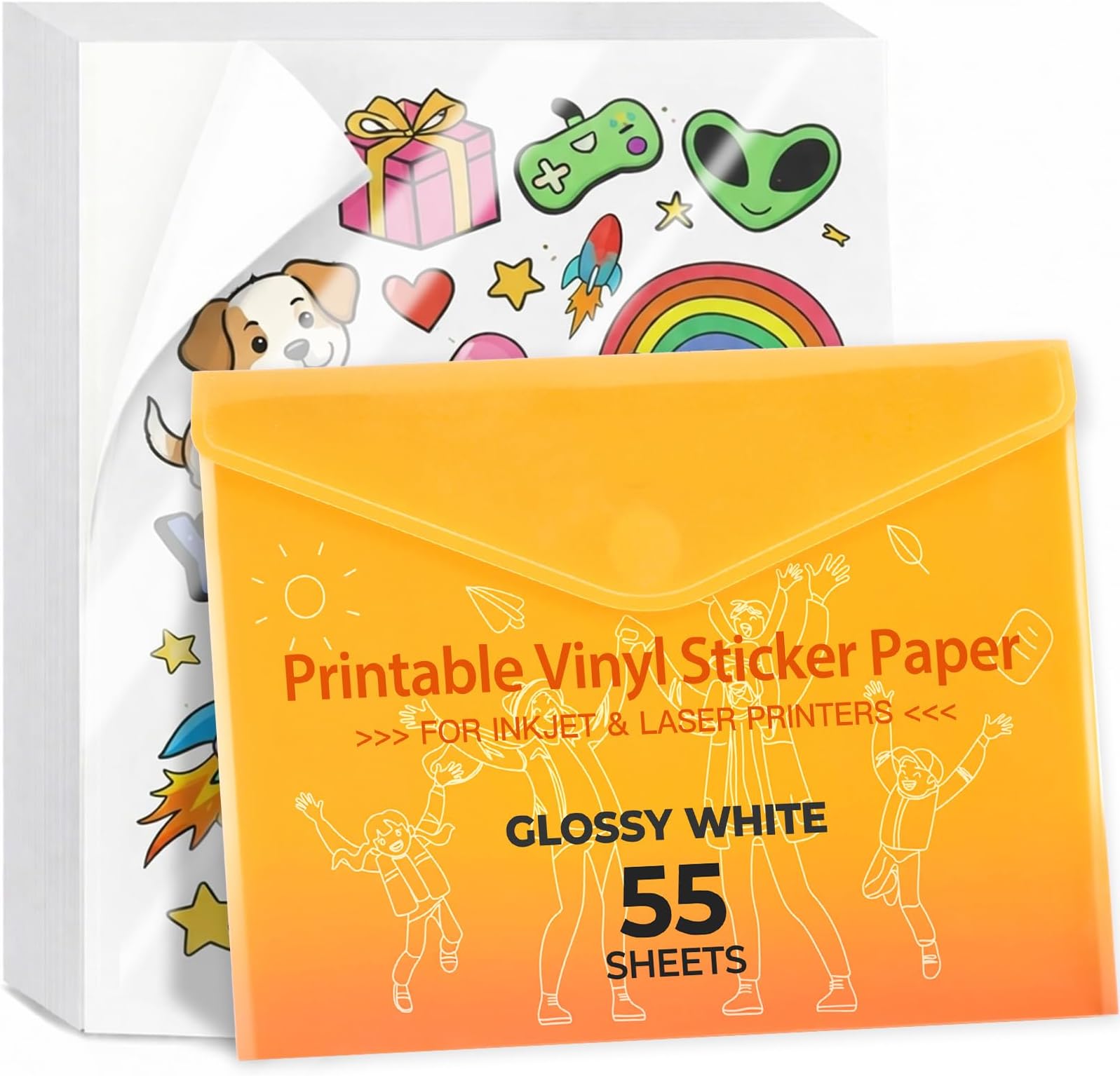 JANDJPACKAGING Premium Printable Vinyl Sticker Paper - for Inkjet and Laser Printer - 55 Pack Glossy White Waterproof Inkjet Printable Vinyl - Dries Quickly and Holds Ink Beautifully