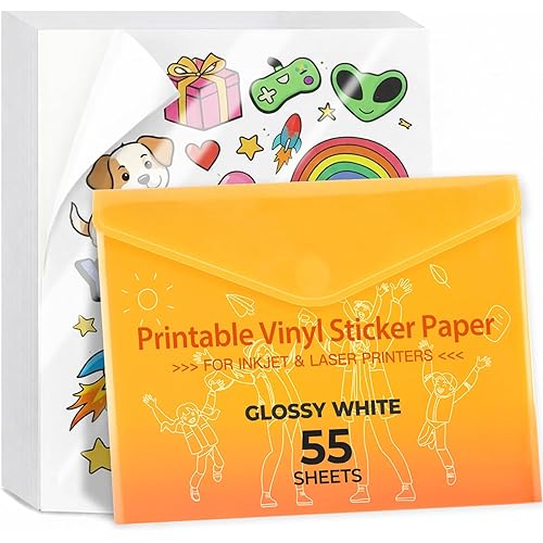 JANDJPACKAGING Premium Printable Vinyl Sticker Paper - for Inkjet and Laser Printer - 55 Pack Glossy White Waterproof Inkjet Printable Vinyl - Dries Quickly and Holds Ink Beautifully