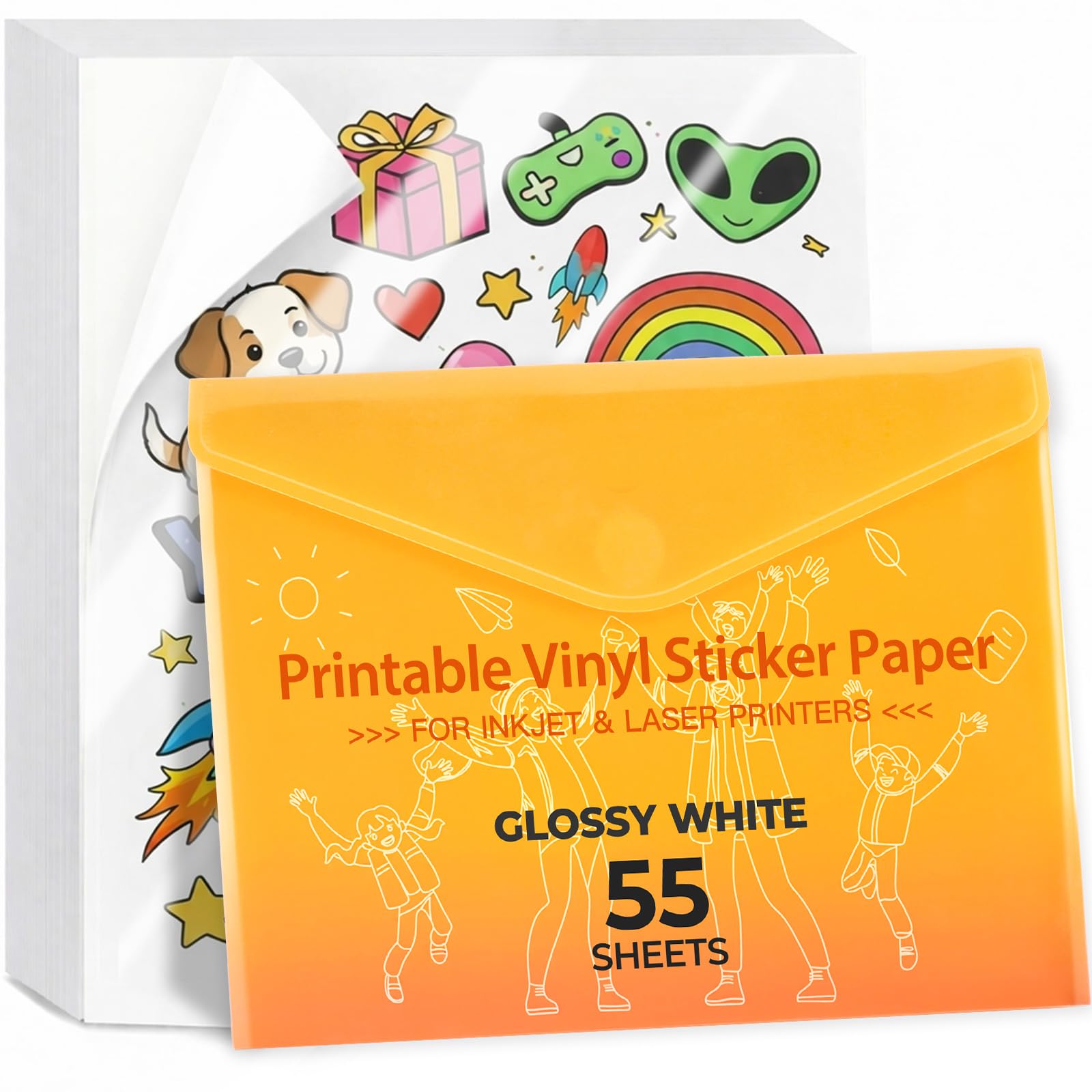 JANDJPACKAGING Premium Printable Vinyl Sticker Paper - for Inkjet and Laser Printer - 55 Pack Glossy White Waterproof Inkjet Printable Vinyl - 140 g Dries Quickly and Holds Ink Beautifully