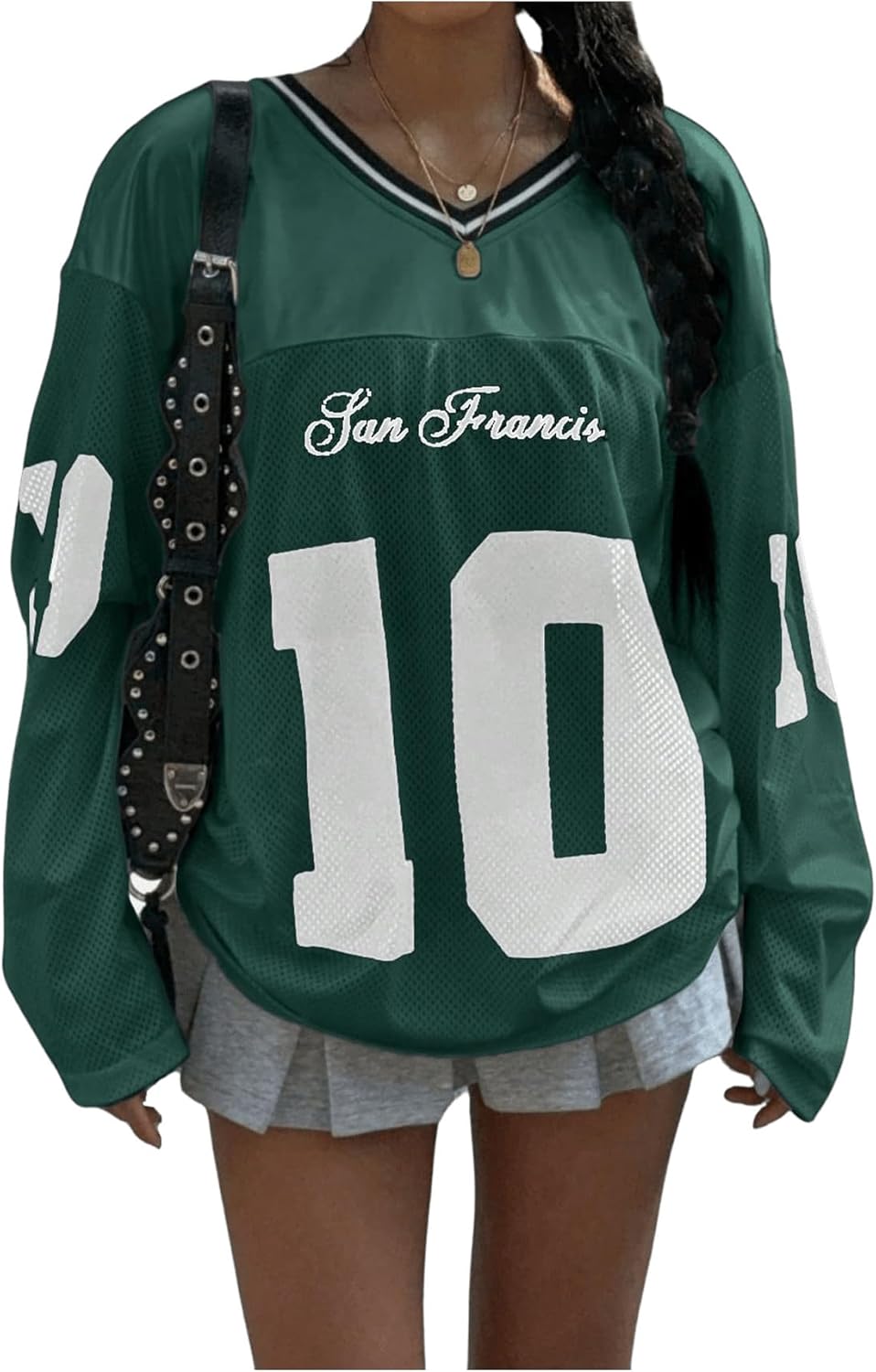 Women's Jersey Shirts Number Letter Graphic V Neck Long Sleeve Oversized Sports T Shirts Tops