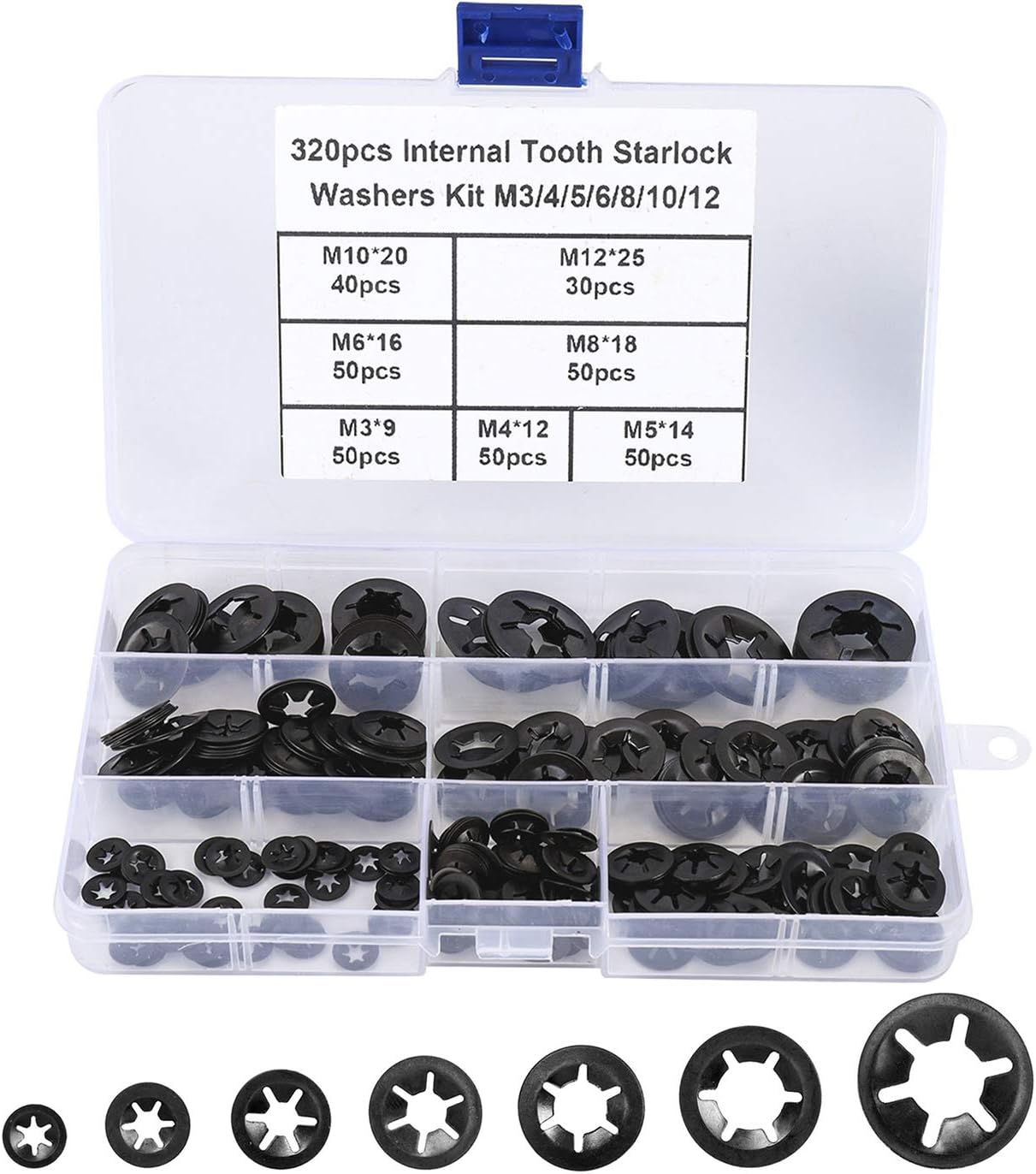 7 Sizes 320PCS Internal Tooth Starlock Washers,Quick Speed Locking Washers, Push On Retainers Clips,Push On Nut Fasteners Assortment Kit for Shaft and Stud,65Mn Spring Steel,Black Oxide Finish