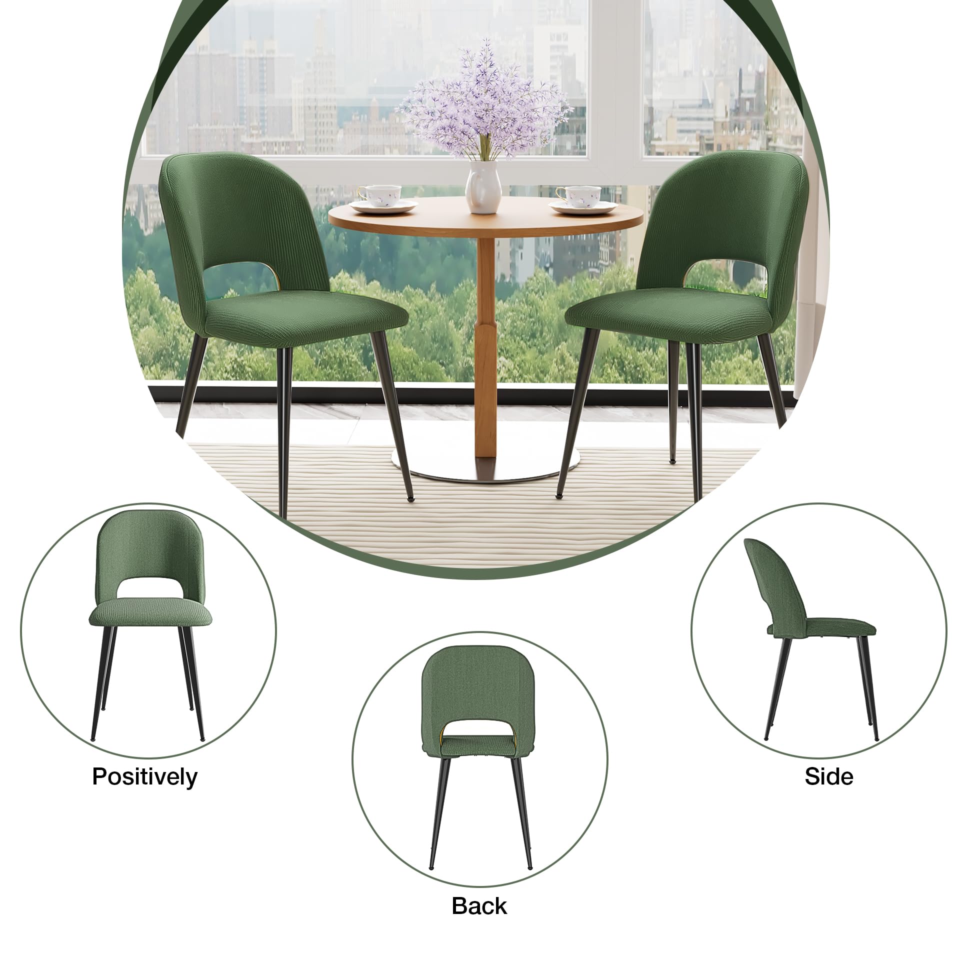 Lot de 2 Chaises Salle à Manger, Chaises de Cuisine Rembourrées avec Dossier Doux, Pieds Réglables en Métal, Chaises pour Cuisine Salon Chambre Bureau, Vert