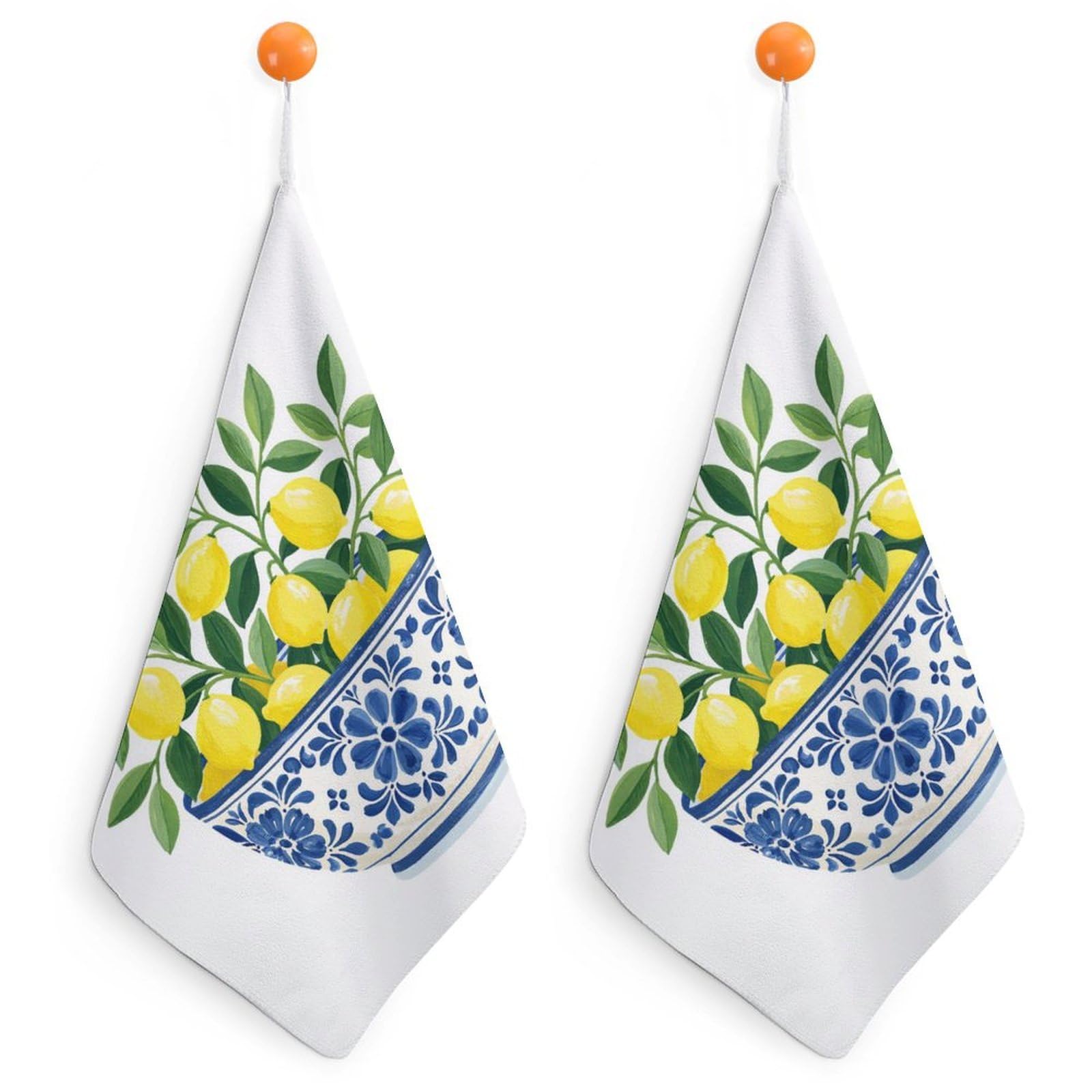 Jubonexis Blue And White Bowl with Lemon Branches Small Hand Towel with Hanging Loop 2 PCS Absorbent Soft Wash Cloth for Kitchen Bathroom