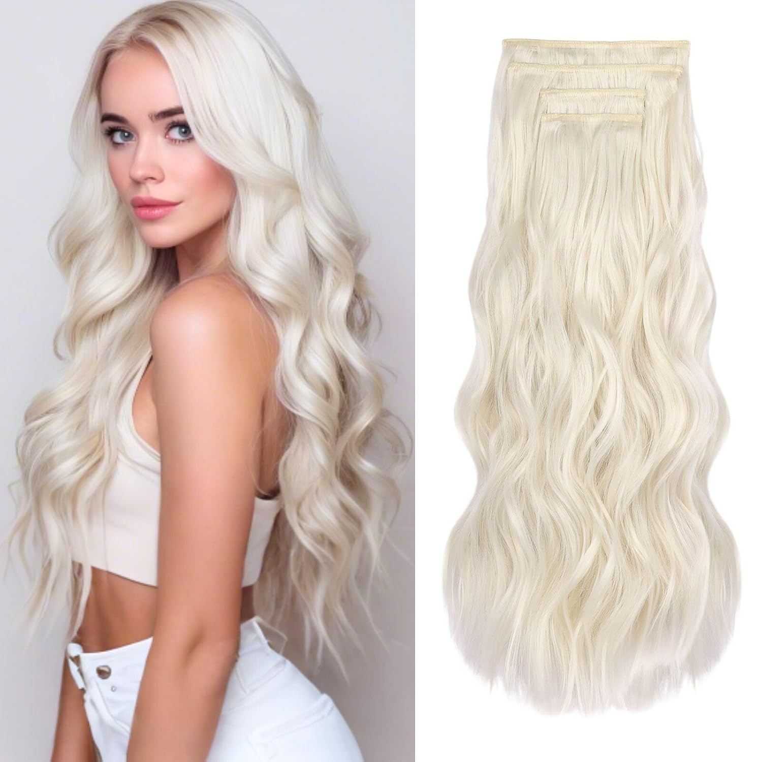 Hair Extensions, 4Pcs Ash Blonde with Blonde Highlights Hair Extensions Clip In Easy to Put In, Long Wavy Thick and Soft Hairpieces for Party Daily, 22 Inch Synthetic Hair Extensions for Women Girls