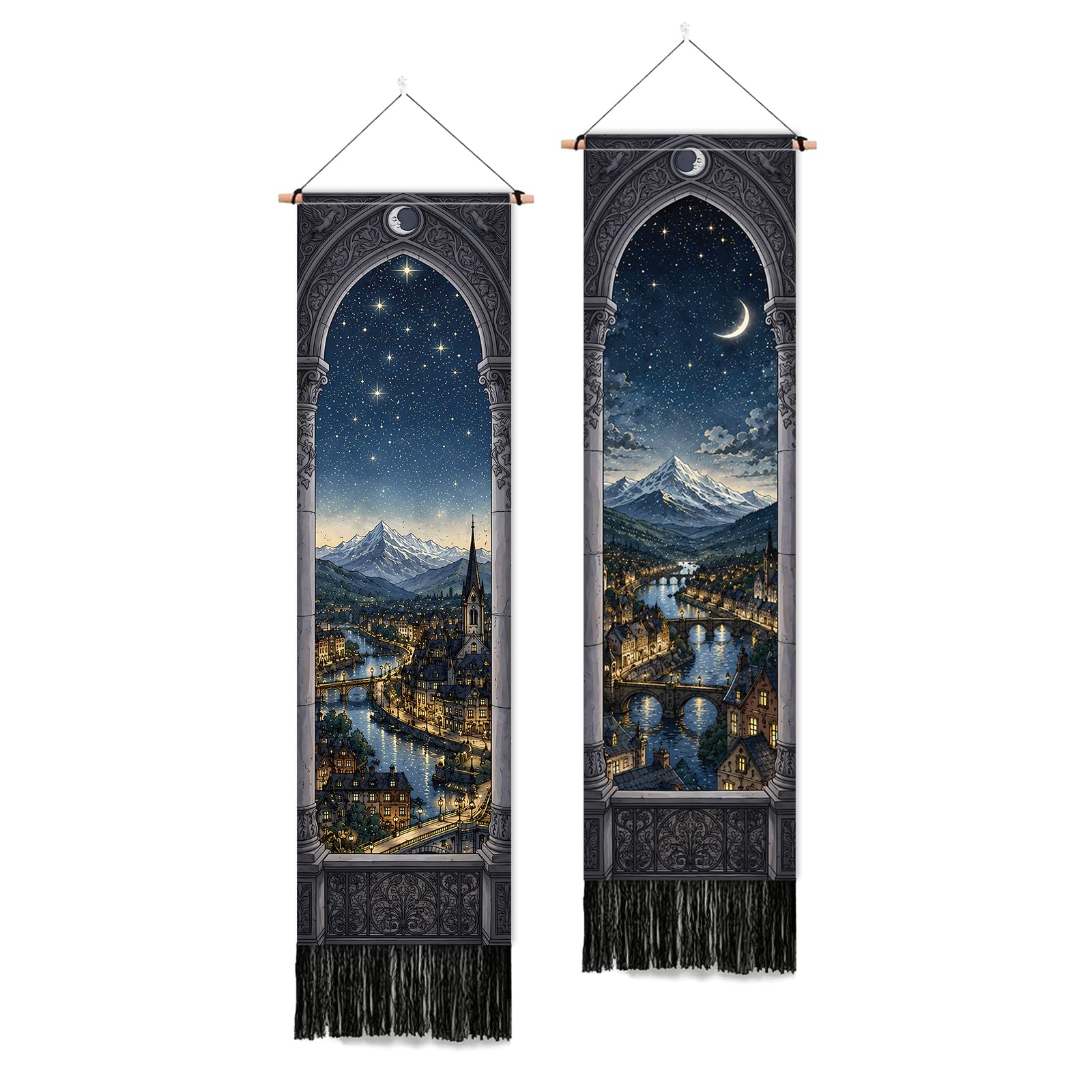 PLIGREAT 2 Pack Arched Window Starry Night Long Narrow Tapestry, Retro Aesthetic Wall Art Hanging for Bedroom Aesthetic Decor, Vertical Tapestry for Bathroom Living Room Dorm Hallway