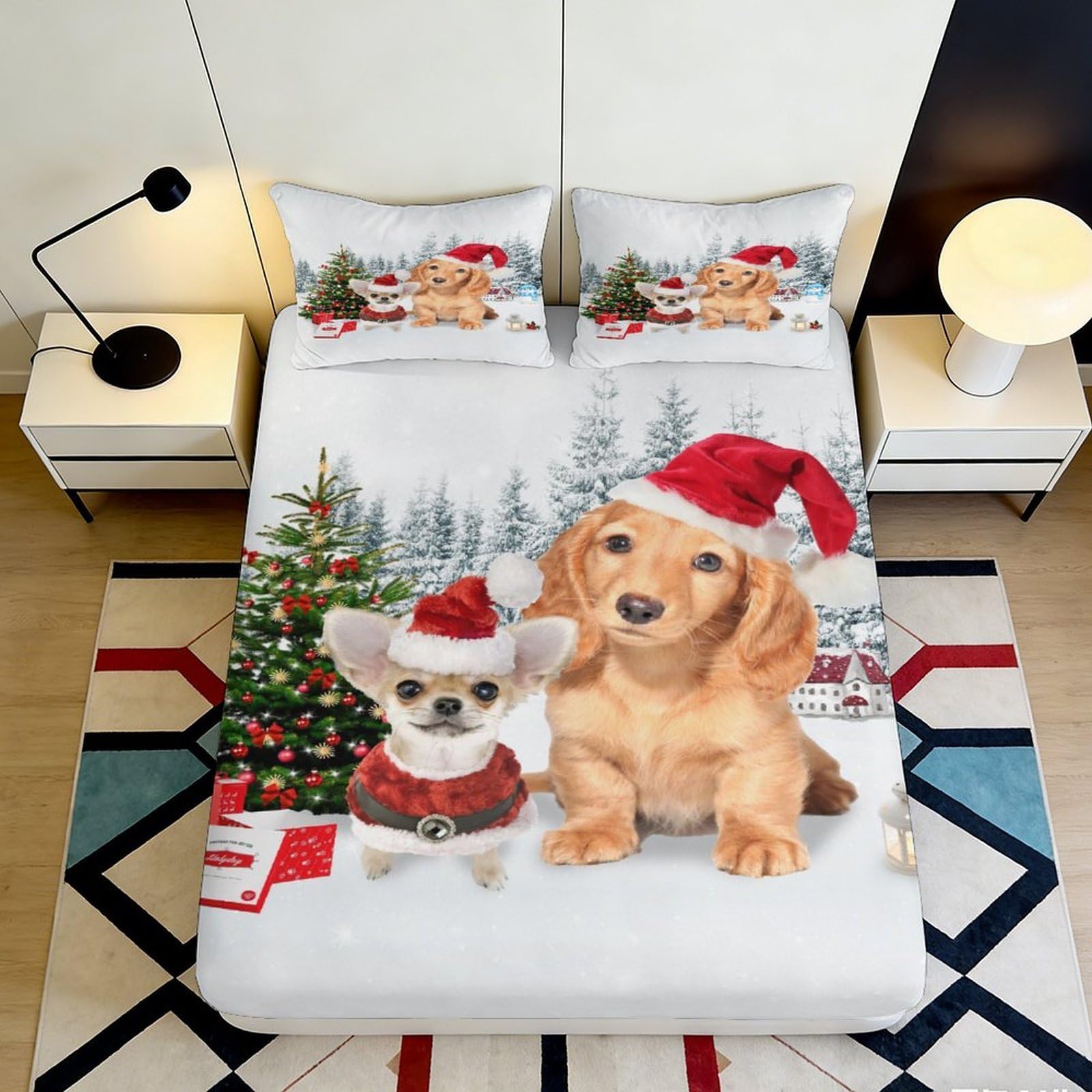 3D Printed Christmas Dog Fitted Sheet Microfiber Soft Festive Chihuahua Bed Cover for Bedroom Guest Room Decor 90x200x25cm