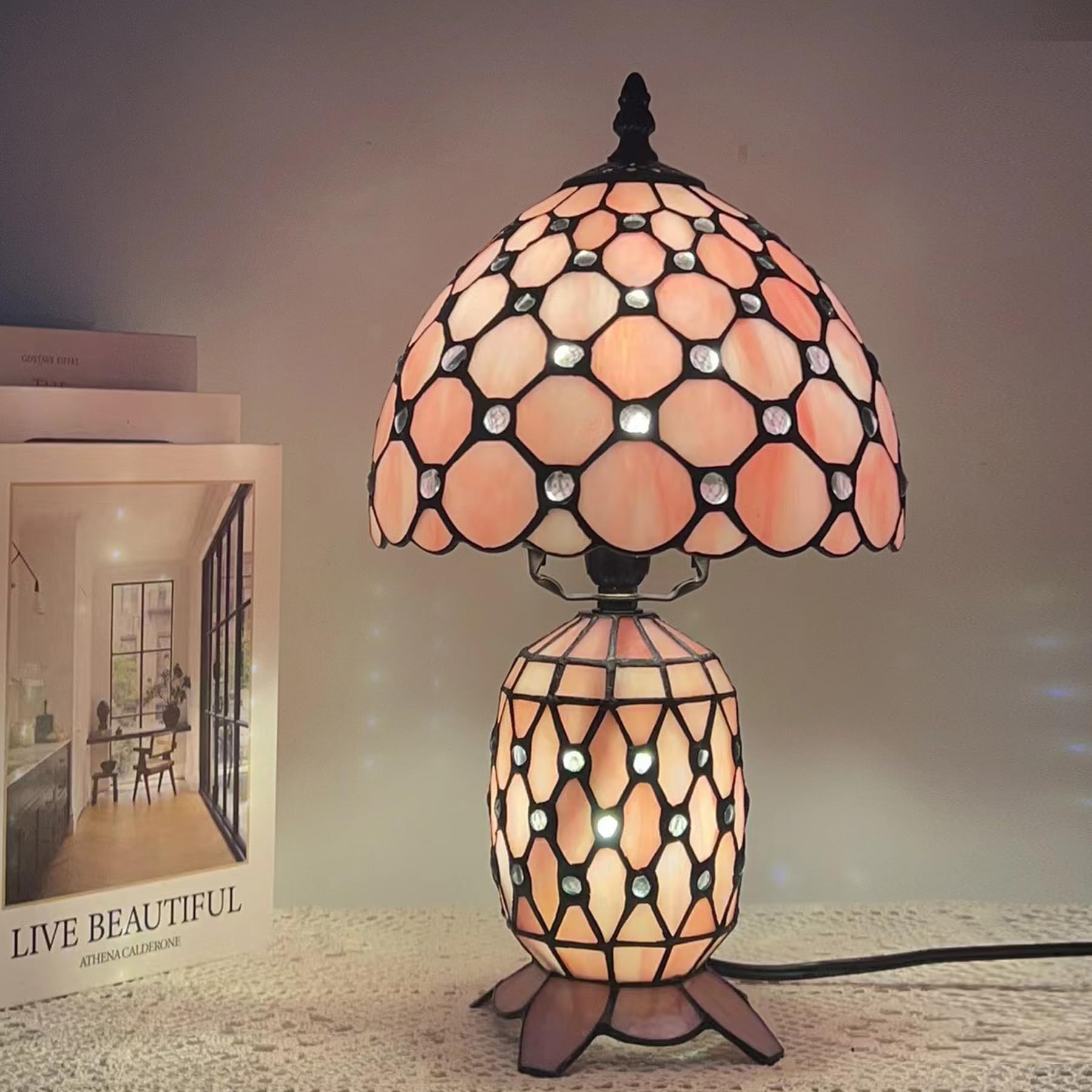 TCODTPOL Small Tiffany Stained Glass Table Lamp 8X14 Inches(Pink)