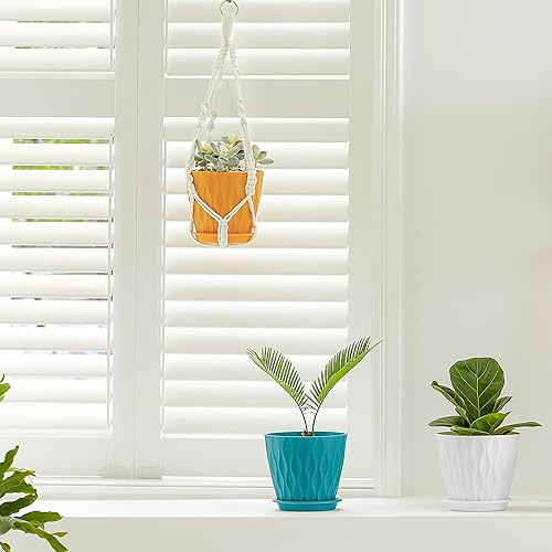 Miniatura 6 de FaithLand Paquete de 6 macetas de plástico de 6 pulgadas con platillos Material de polipropileno grueso, textura ondulada moderna, drenaje mejorado