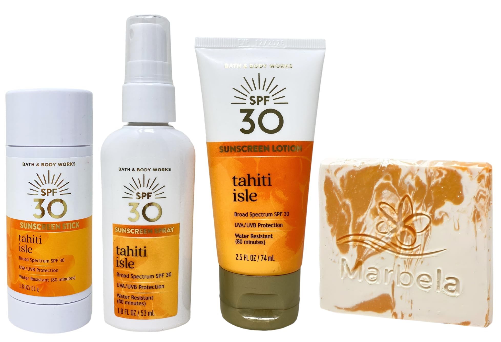 Bath Body Works Tahiti Isle SPF 30 Body Stick Sunscreen Lotion and Sunscreen Spray Travel Size with a