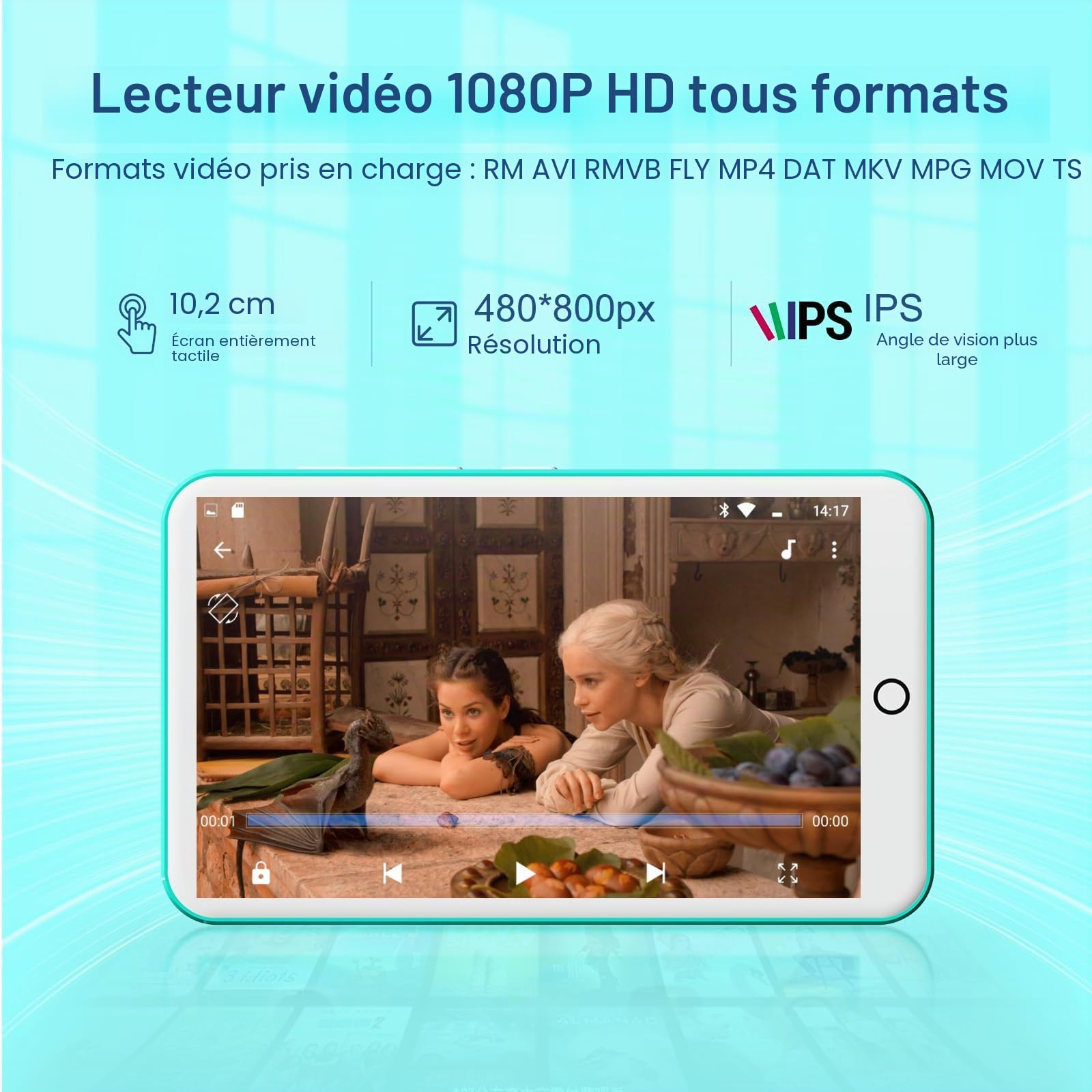 Lecteur MP3 avec Bluetooth et WiFi, Oilsky 80GB 4'' Android 9.0 Lecteur de Musique, MP4 à écran Tactile 1080P, Mp3 Portable avec Spotify, Audible, Deezer (Cyan)