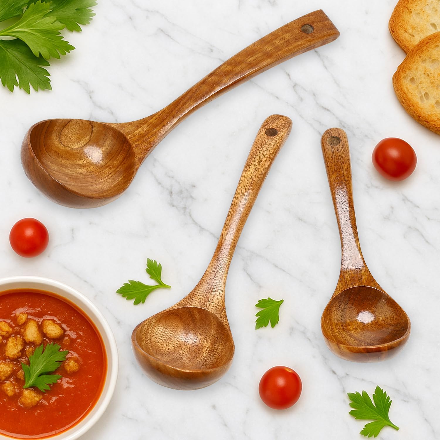 3 Pack Wooden Ladles for Serving Spoon Soup Ladle Wood Spoons for Cooking Ladel Large Spoon Kitchen Tools Ladles Big Spaghetti Spoon Laddle Non Toxic Soup Spoons Teak deep Ladle - Image 7