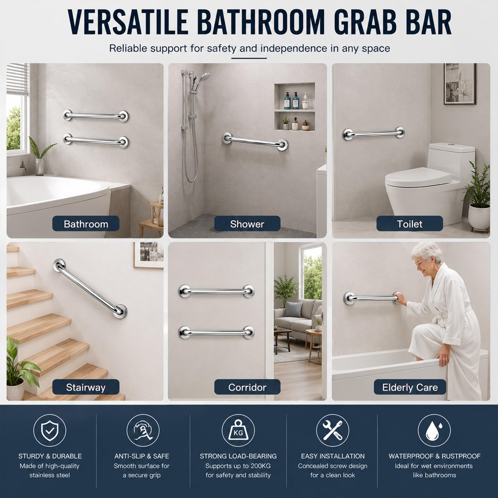 Set Da 2 Maniglioni Di Sicurezza per Doccia, Supporto A Parete Ultra-resistente con Fissaggio Nascosto – Ideale per Doccia, WC E Vasca Da Bagno (prevenzione Cadute per Anziani)(50cm)