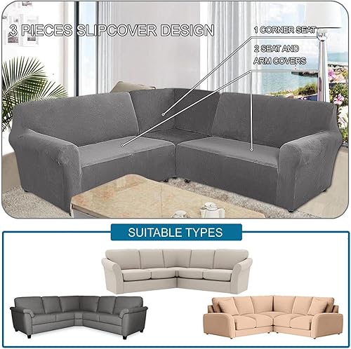 Miniatura 4 de Fundas de terciopelo para sofá seccional para 5 plazas, 3 piezas, elásticas, en forma de L, suave funda para sofá esquinero, protector de muebles