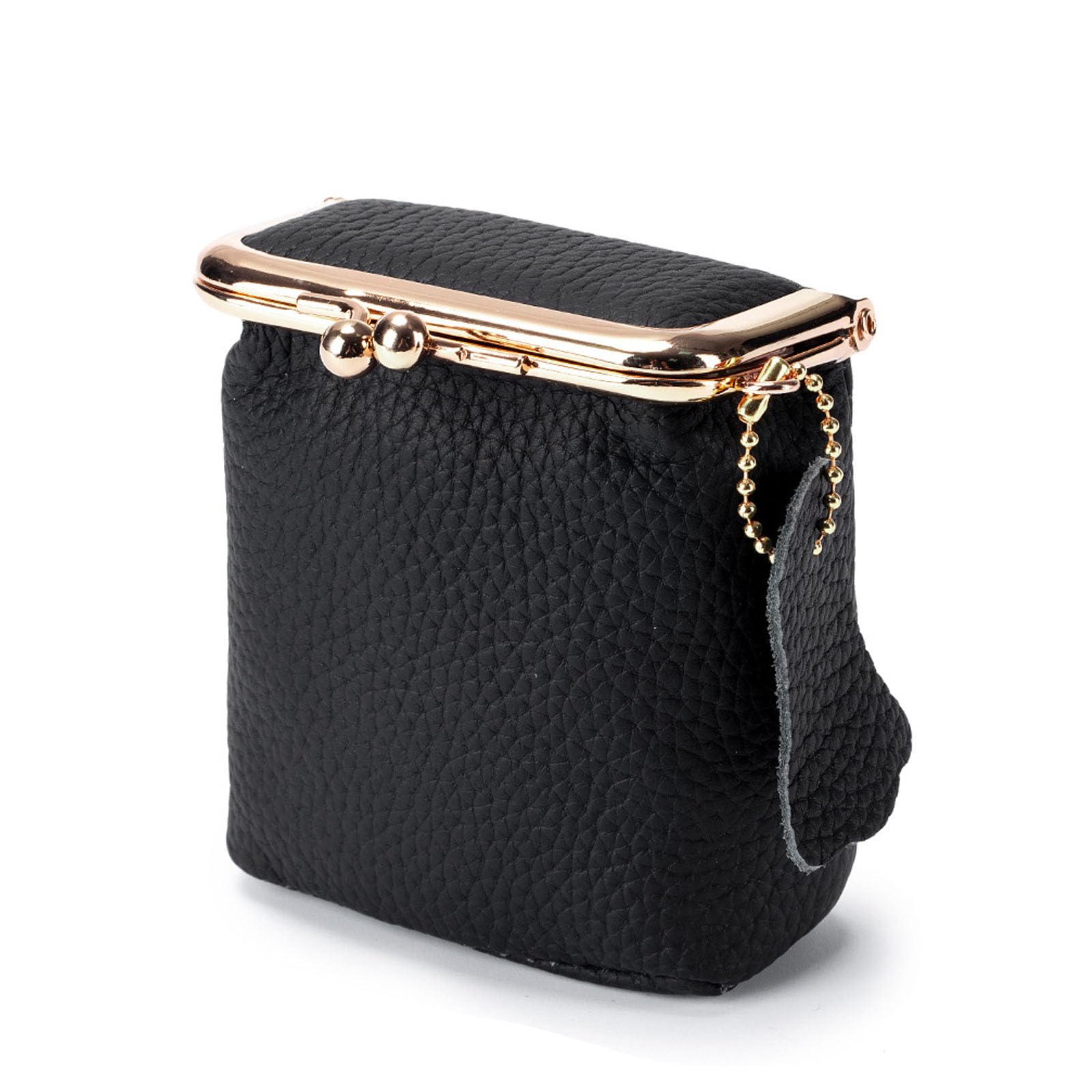 Litchi Leather Coin Purse for Women, Portable Vintage Wallet Mini Lipstick Holder Fashion Solid Color Kiss Lock Key Storage Square Pouch (Black)