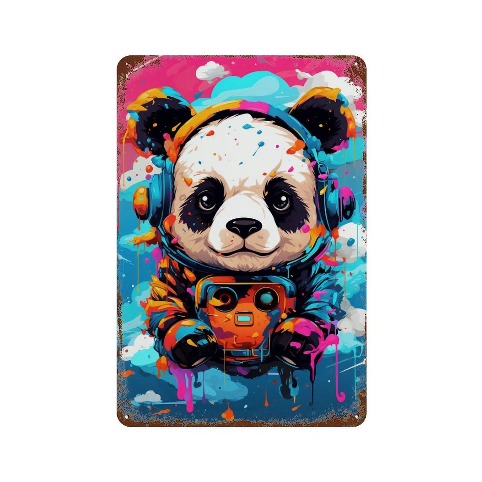 Colorful Panda with Headphones Distressed Metal Wall Sign 11.8"x7.9", Rustic Home Decor for Living Room, Hallway And Home Decor