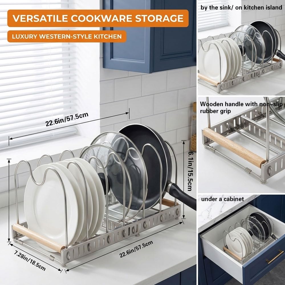 Erweiterbarer Topf- und Pfannen-Organizer aus Edelstahl für Küche, erweiterbares Kochgeschirrregal für Schneidebretter, Deckel, Teller, Schüsseln, 304 SS, 10 verstellbare Trennwände, erweiterte Größe