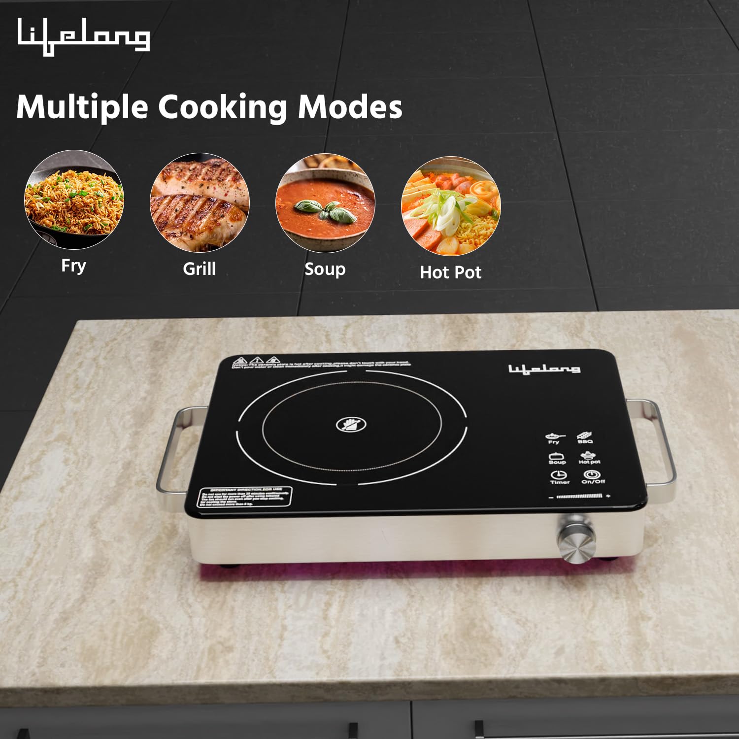 Lifelong Induction Stove showing icons for Fry, Grill, Soup, and Hot Pot cooking modes