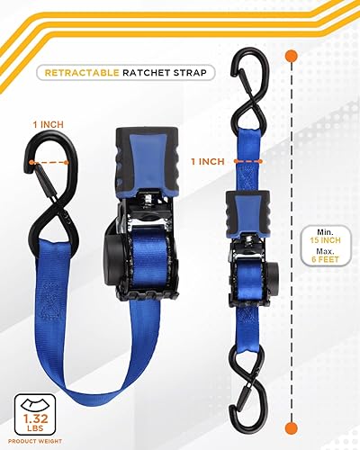 Miniatura 2 de Strapinno Paquete de 4 correas de trinquete retráctiles automáticas (1 pulgada x 6 pies), 1500 libras de resistencia a la rotura cada una, correas