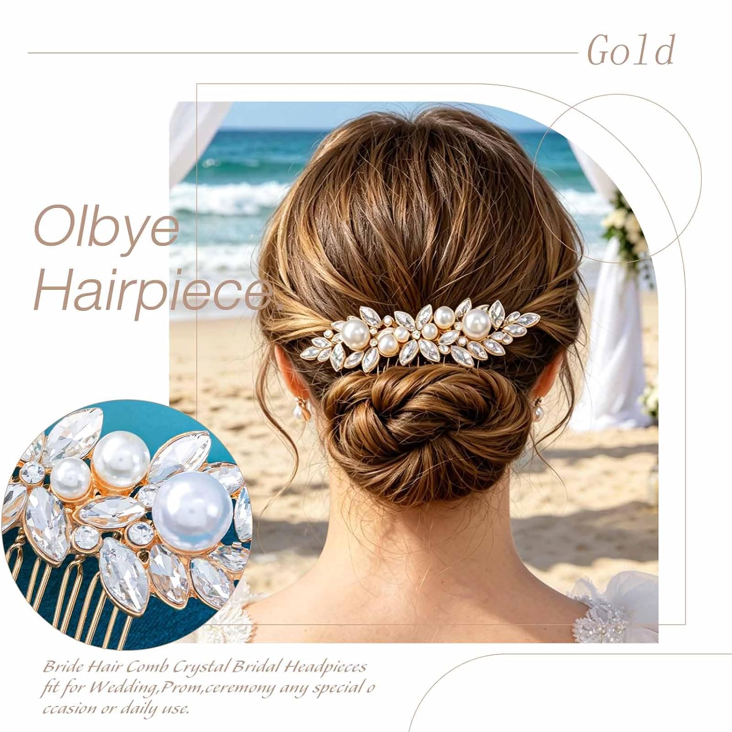 Olbye Rhinestone Flower Hair Comb Silver Wedding Hair Pieces for Brides Sparkly Pearls Decorative Bridal Headpieces Crystal Formal Prom Hair Jewelry Bride Hair Accessories for Women (Gold A)
