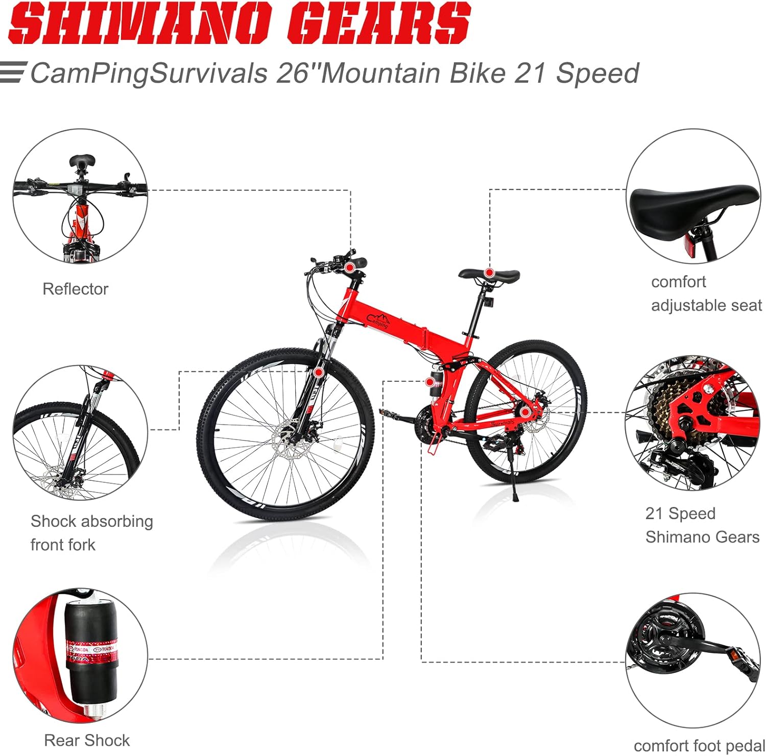 Dettaljati view of PEXMOR mountain bike components including gears, shock absorber, reflector, pedals, and seat.