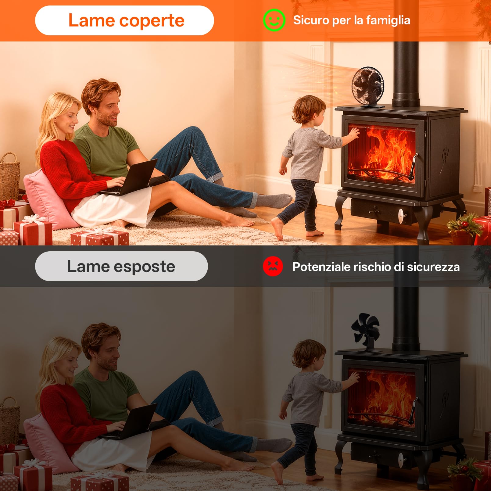 JossaColar Ventilatore per stufa con griglia di protezione, con 6 lame, per camino, per canna fumaria, senza corrente, con termometro magnetico