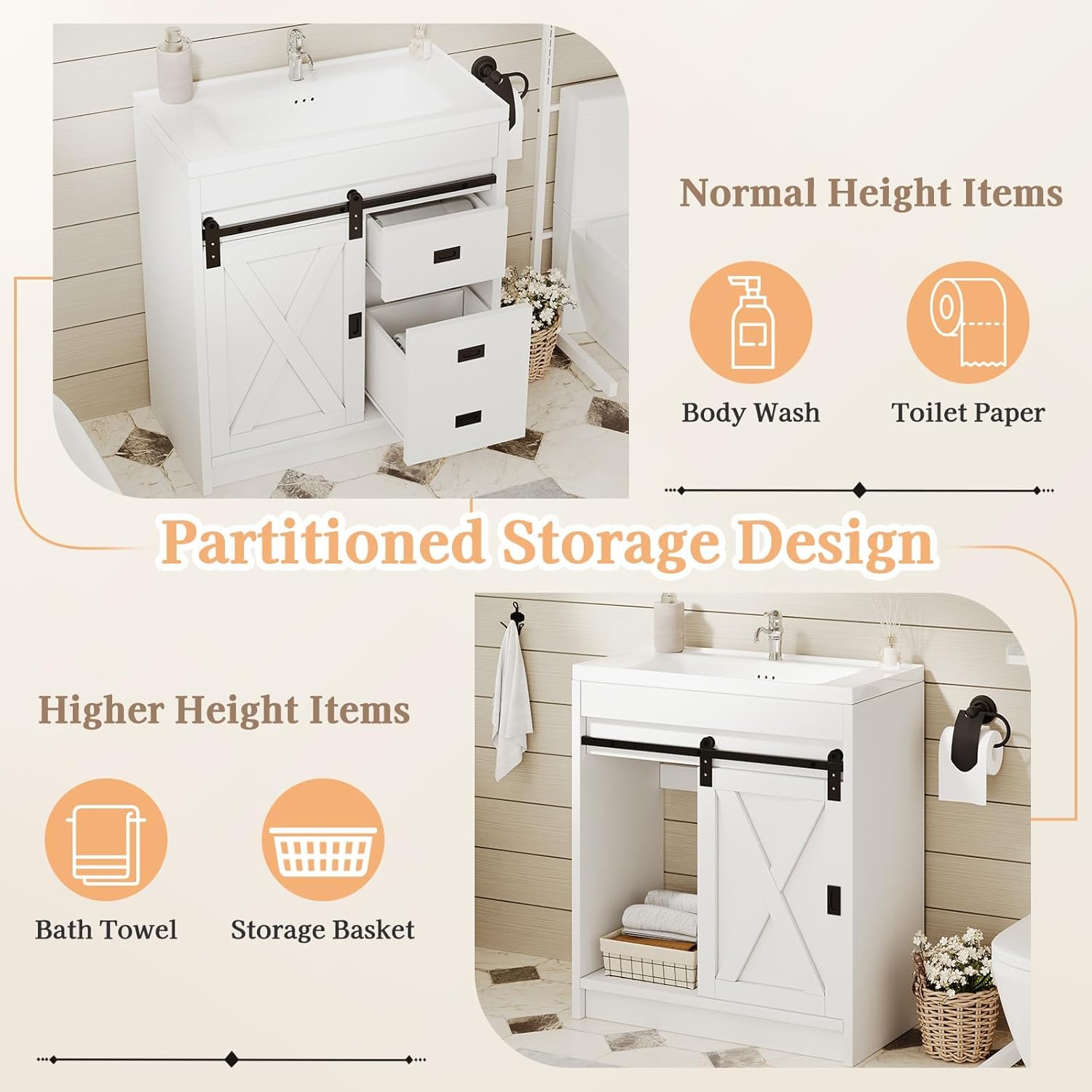 4ever2buy 30" Farmhouse Bathroom Vanity with Sink, Small White Bathroom Vanity Cabinet with 2 Drawers & Sliding Barn Door, White